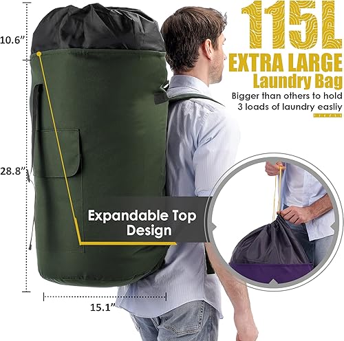 Miniatura 3 de Bolsa de lavandería extra grande resistente, bolsa de lavandería de 115 L, bolsa de lavandería duradera con correas, bolsa de lavandería verde