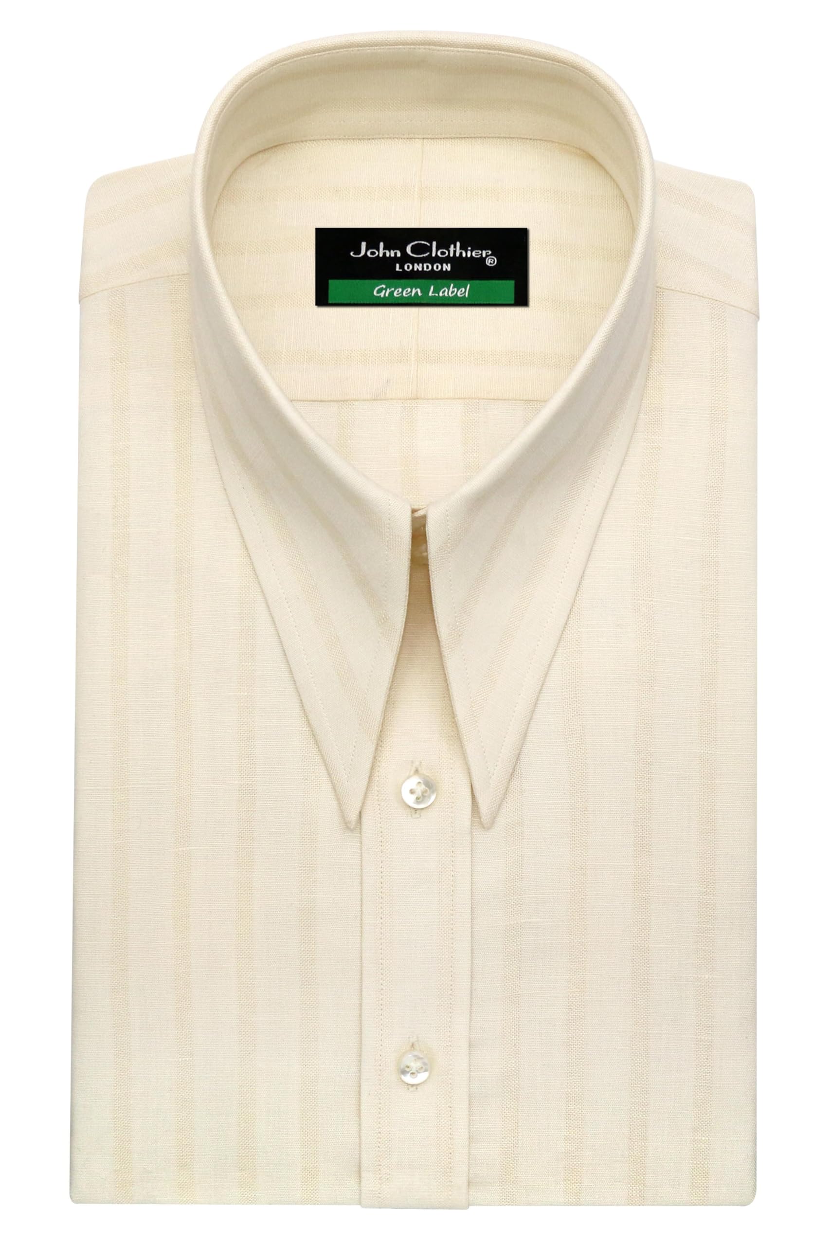John Clothier Mens Cotton Linen High Spread Collar 2 Button Dress Shirt English Modern Tailored Fit Cream Stripes