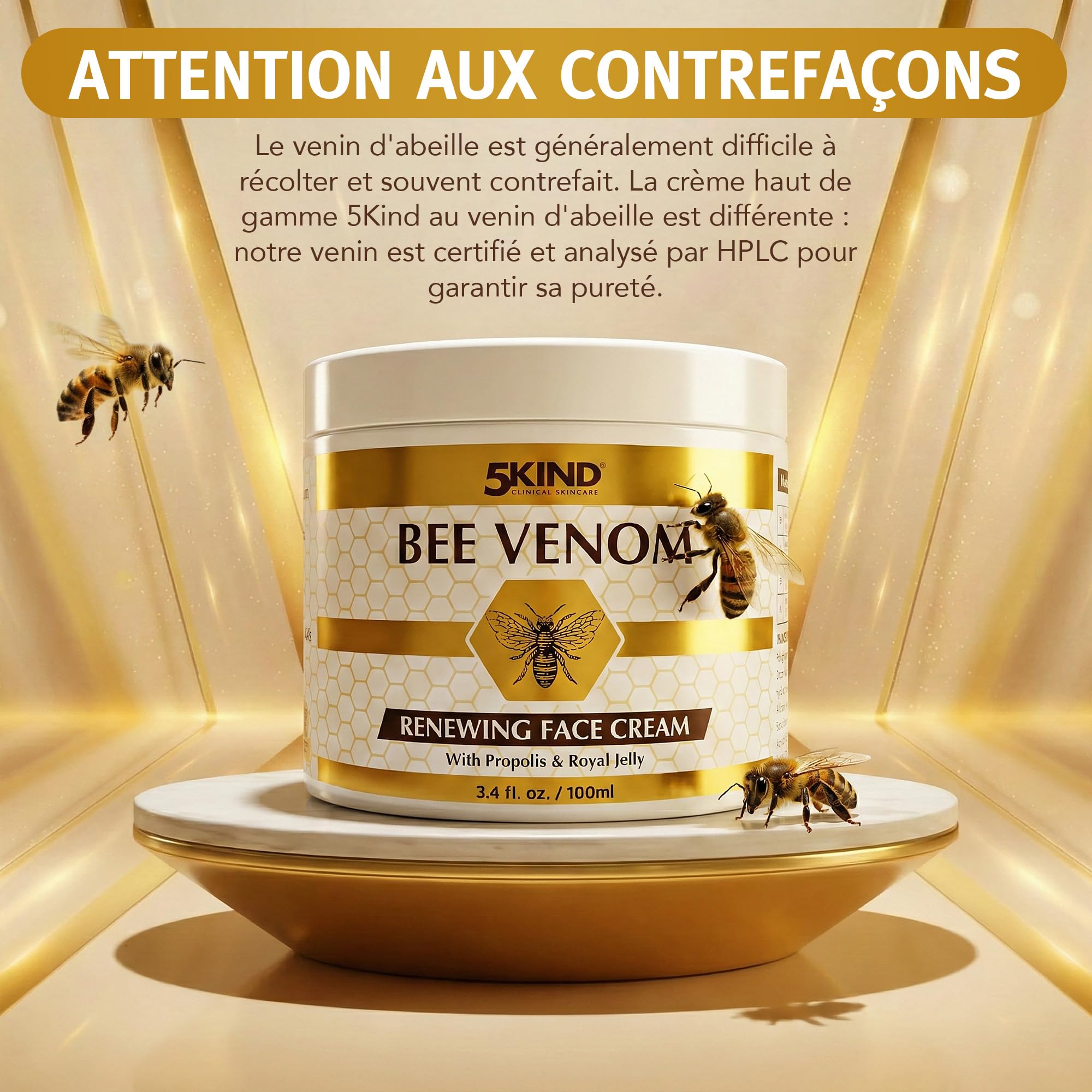 Crème Visage Régénérante au Venin d’Abeille 5Kind avec Propolis & Gelée Royale 100 ml - Crème Anti-Âge au Venin d’Abeille pour Femmes & Hommes - Crème au Venin d’Abeille contre les Rides