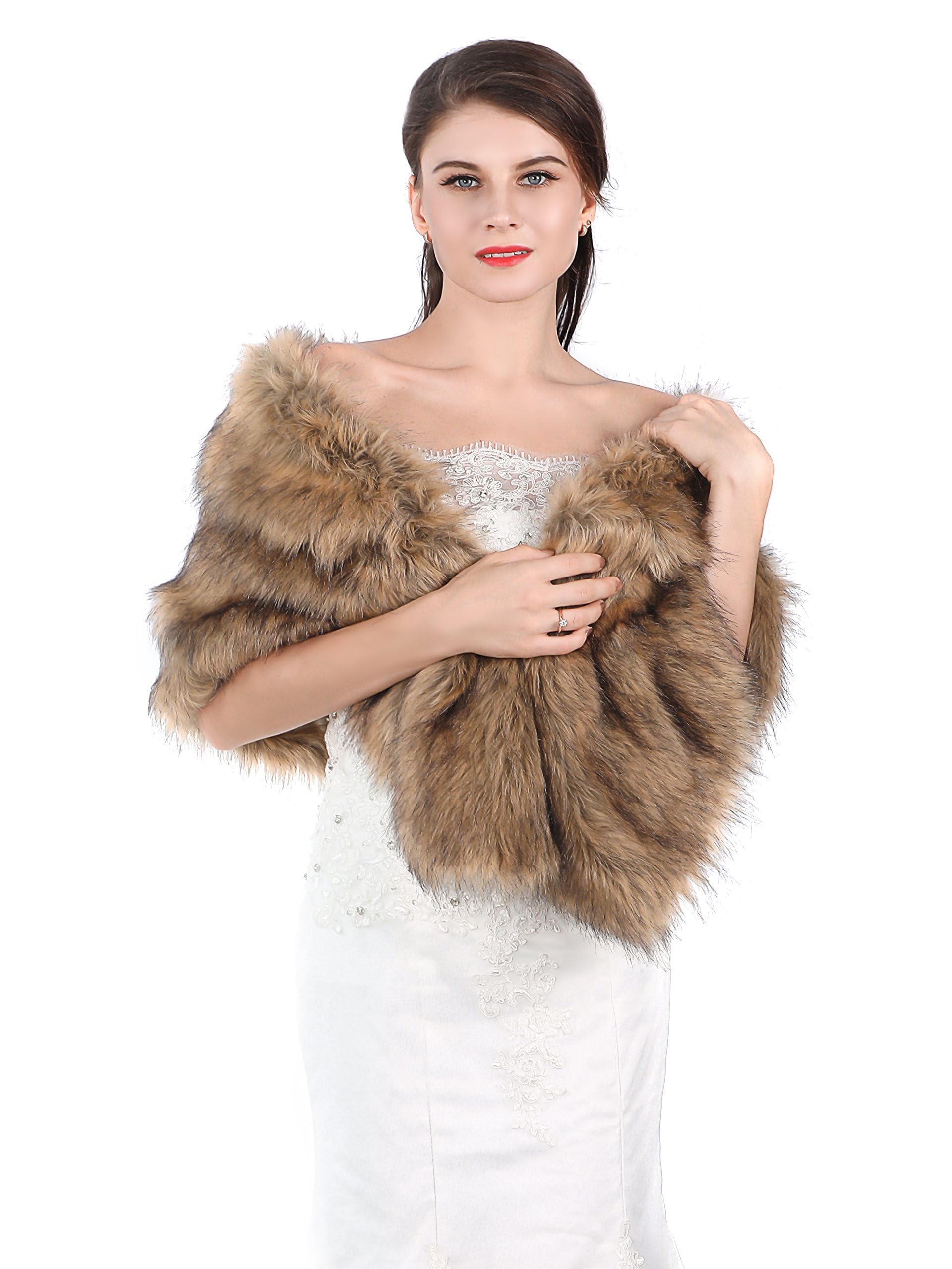 Handcess Women's 1920 Bride Wedding Faux Fur Shawls and Wraps Bridal Fur Scarf Stole Fur Cape for Women and Girls (Brown)