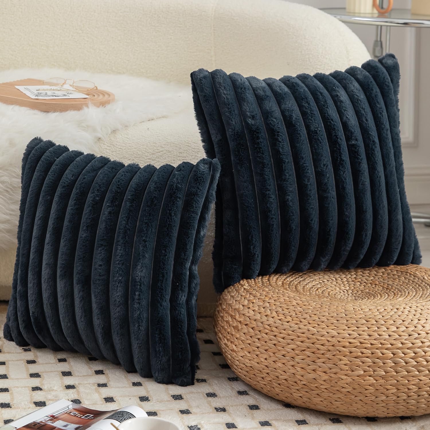 Mandioo Pack of 2 Decorative Cushion Covers 30cm x 50cm Faux Fur Striped Plush Soft Throw Pillow Covers Pillow Cases Bedroom Living Room Sofa Home 20x20 Inch Dark blue - Image 4