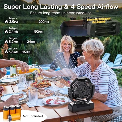 Miniatura 3 de Ventilador a pilas 200 horas máximo, batería 2 en 1 de celda D y ventiladores alimentados por USB, ventilador de campamento portátil con 4
