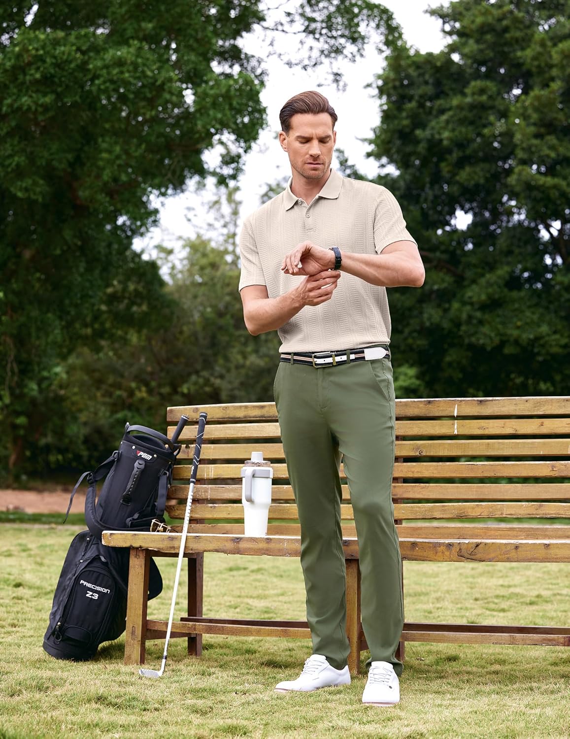 JMIERR Mens Polo Shirt Textured Short Sleeve Summer Button Collar Knitted Golf Polos - Image 8