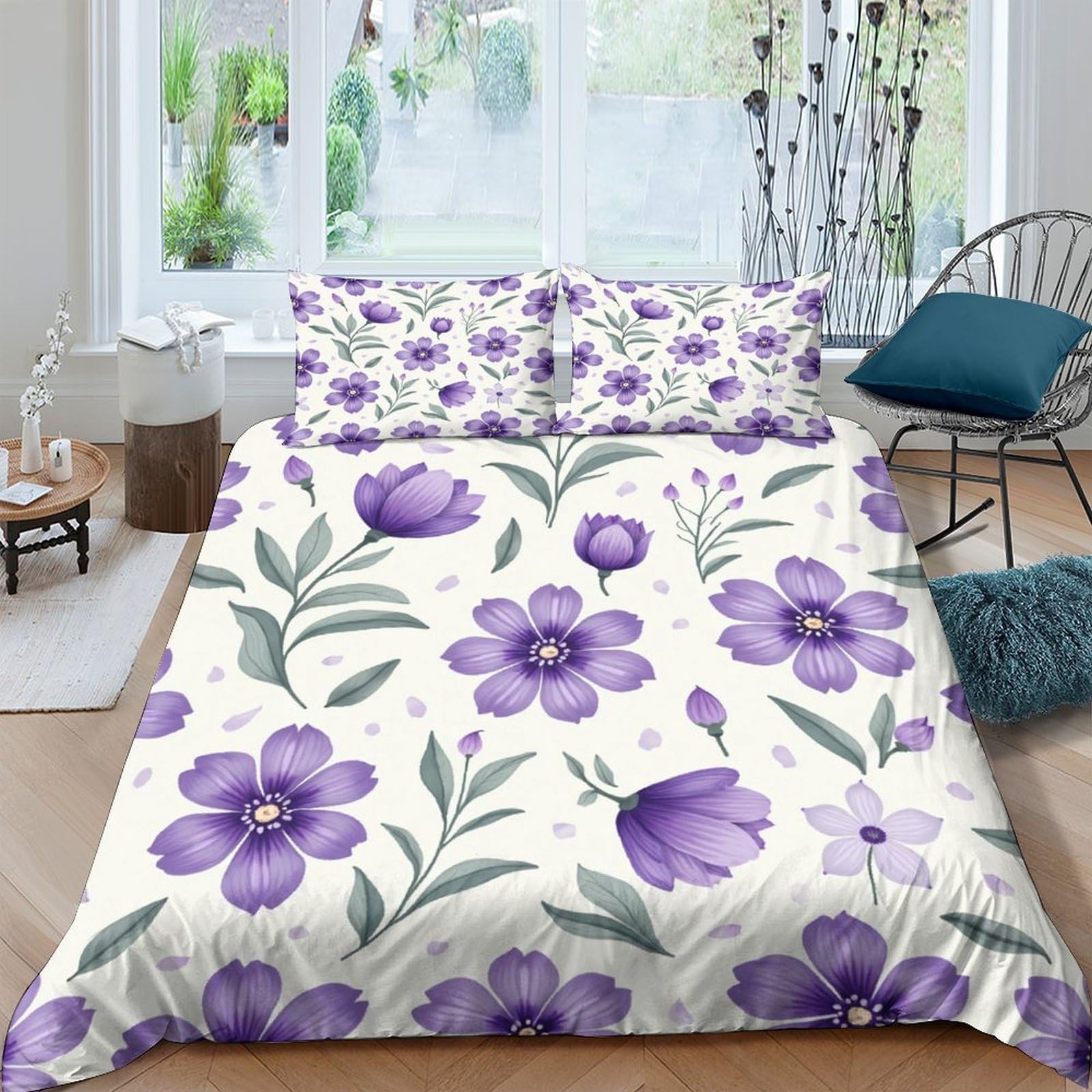 Ctjqhvkz Style-8 3D Printed Purple Floral Fitted Sheet Microfiber Soft Lavender Blossom Bed Cover For Bedroom Guest Room Decor Single（135X200cm）