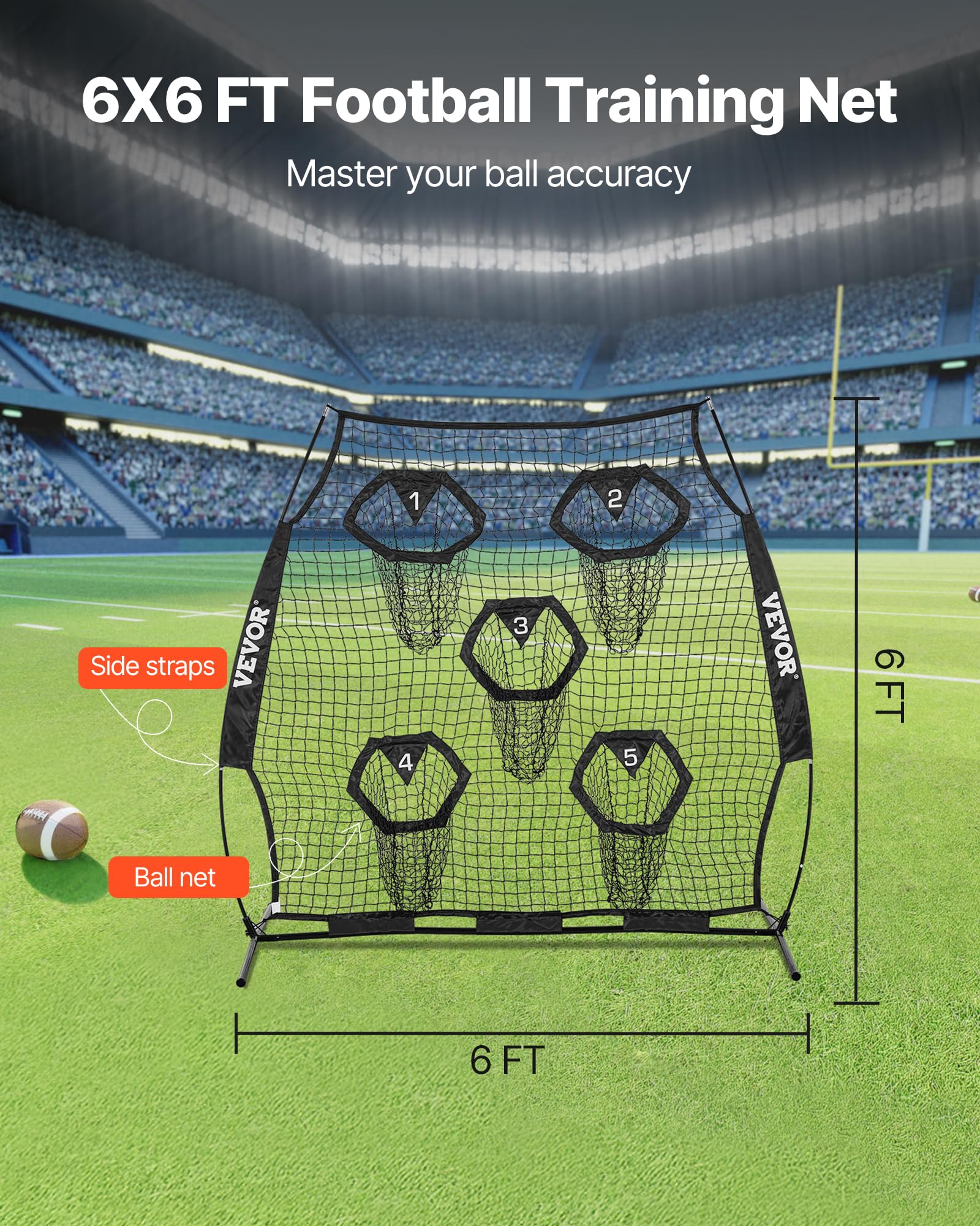 VEVOR Filet de Lancement Football 1,8 x 1,8 m avec 5 Poches Cible, Filet sans nœuds Sangles étui Transport