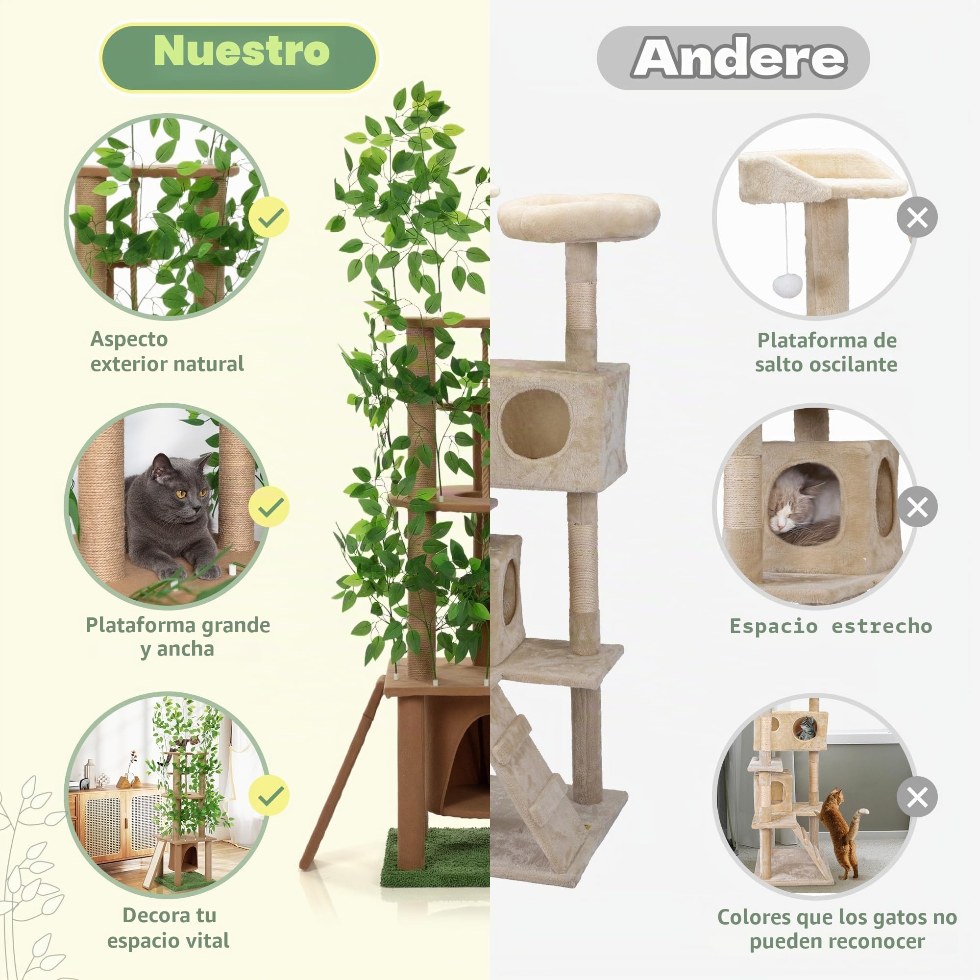 Ultra alto Árbol para gatos de 5 niveles (195 cm) – Árbol rascador de madera natural con plantas verdes artificiales, versátil para la diversión natural de trepar