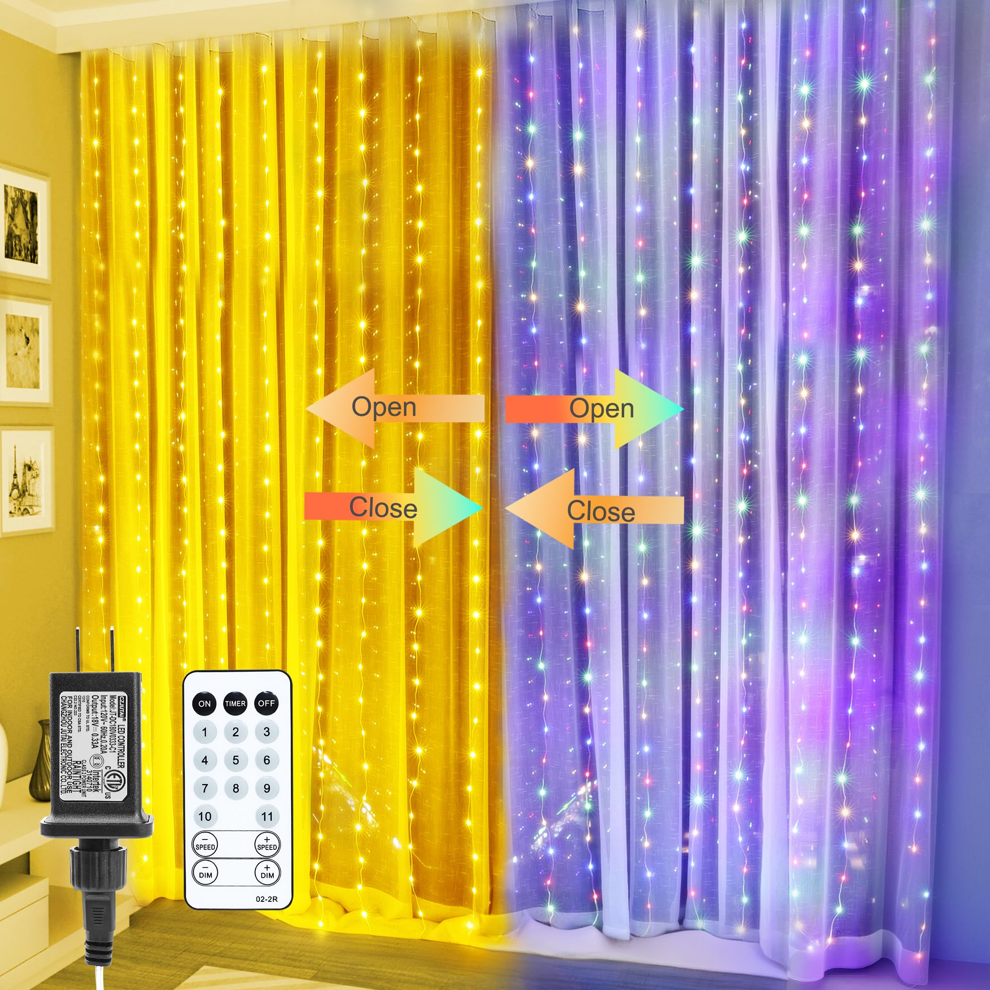 BrizledUpgraded Curtain Lights, 288 LED Color Changing Hanging String Lights with Remote, 11 Modes Warm White & Colored Fairy Curtain Window Lights for Indoor Outdoor Xmas Room Wedding Party Backdrop