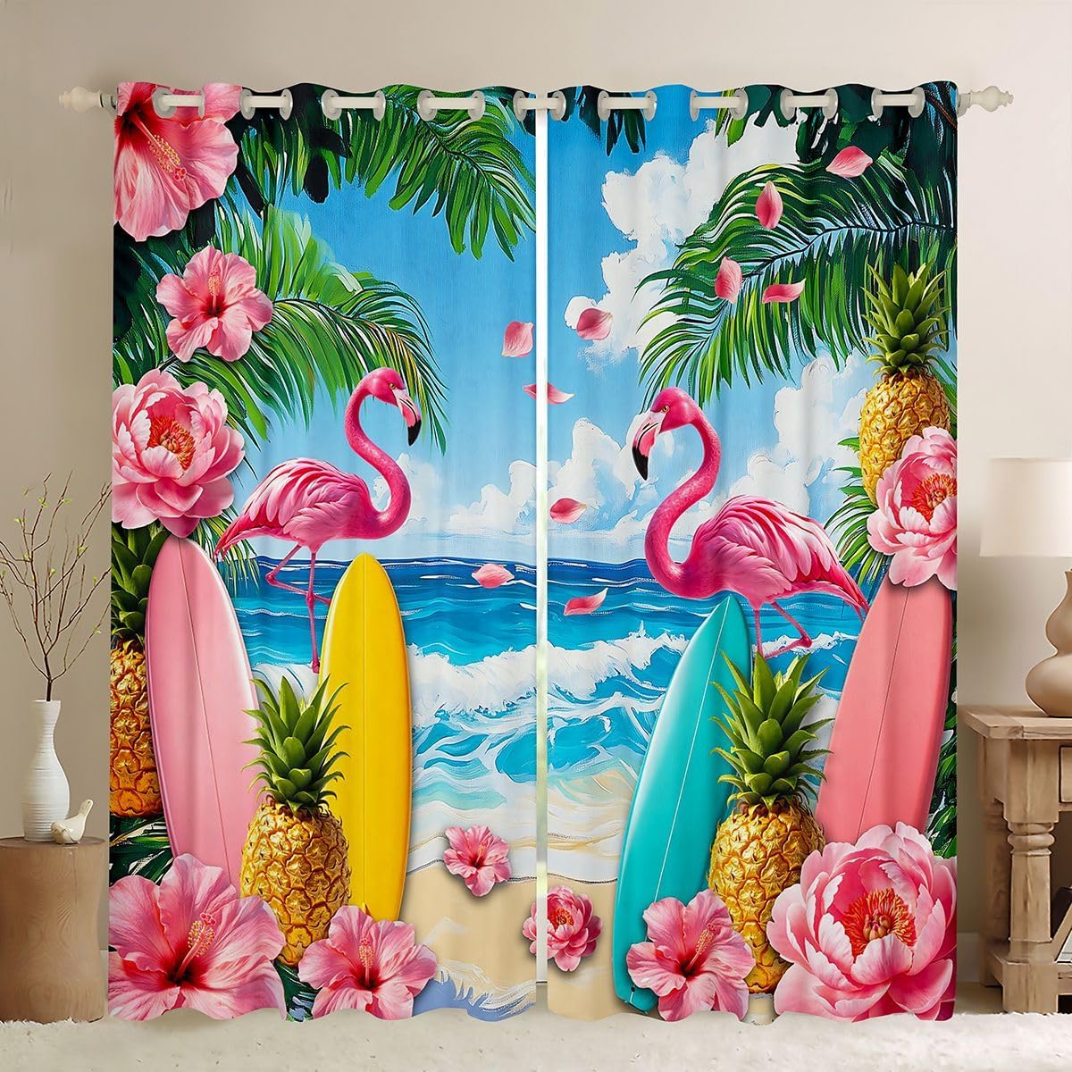 Tropical Beach Blackout Curtains Pink Flamingo Surfboard Window Drapes,Tropical Flower Pineapple Window Treatments,Kids Boys Girls Room Decor,Grommet Top 2 Panel Set Curtains, 52Wx96L inch