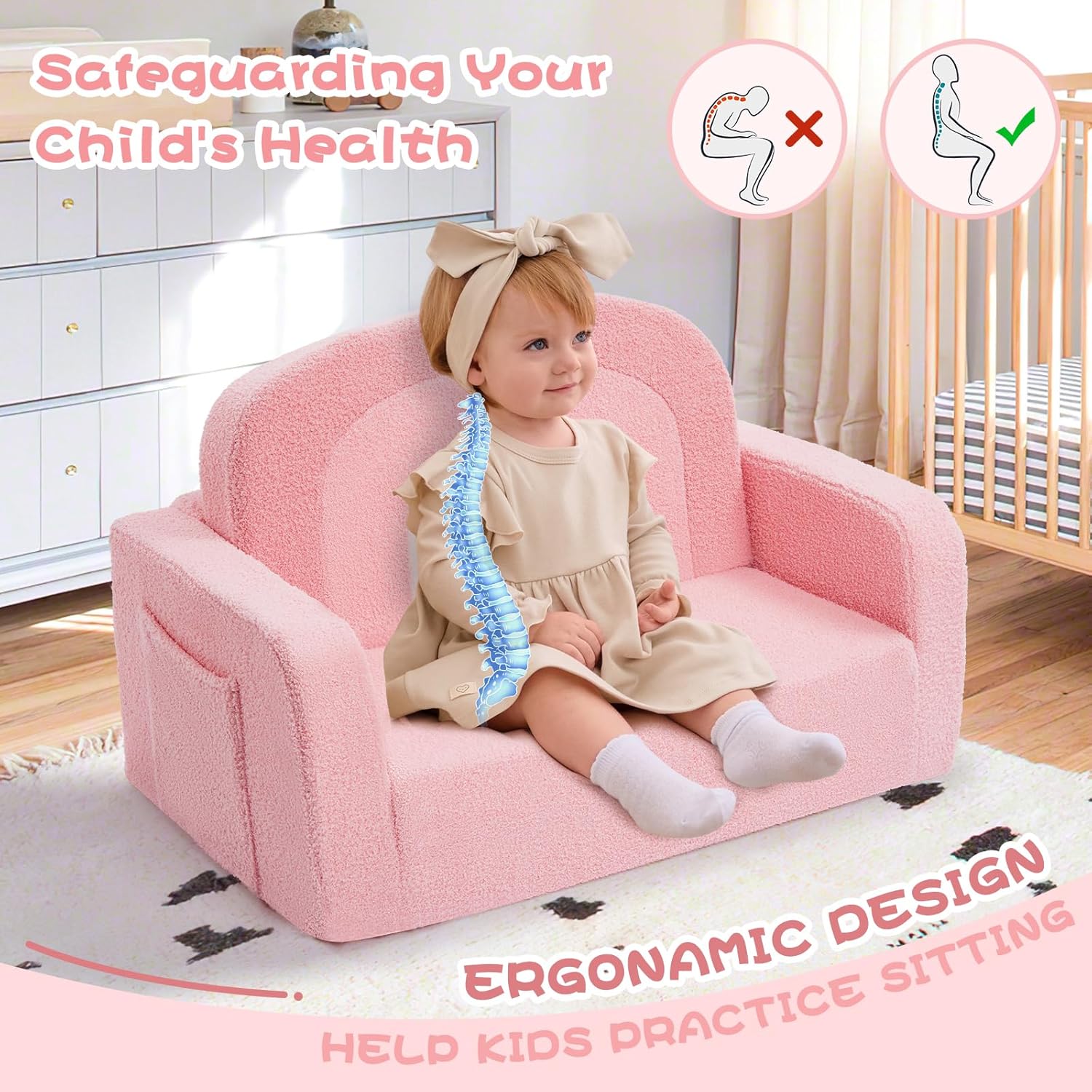 Extra Wide Kids Couch, 2-in-1 Soft Toddler Couch with Blanket, Comfy Toddler Chair, Convertible Sofa with Cute Rainbow Design, Pink - Image 7