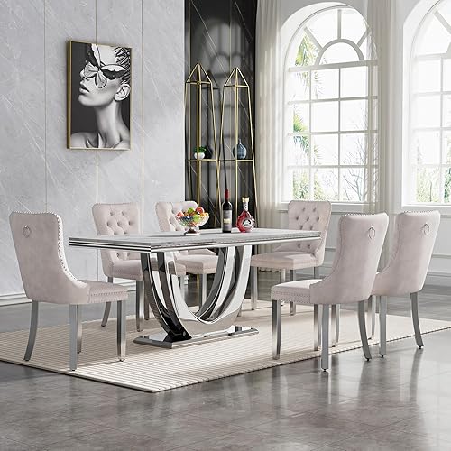 Miniatura 34 de Juego de mesa de comedor de mármol sintético, 7 piezas, juego de mesa de cocina y comedor para 6, mesa de comedor rectangular blanca de 70 pulgadas