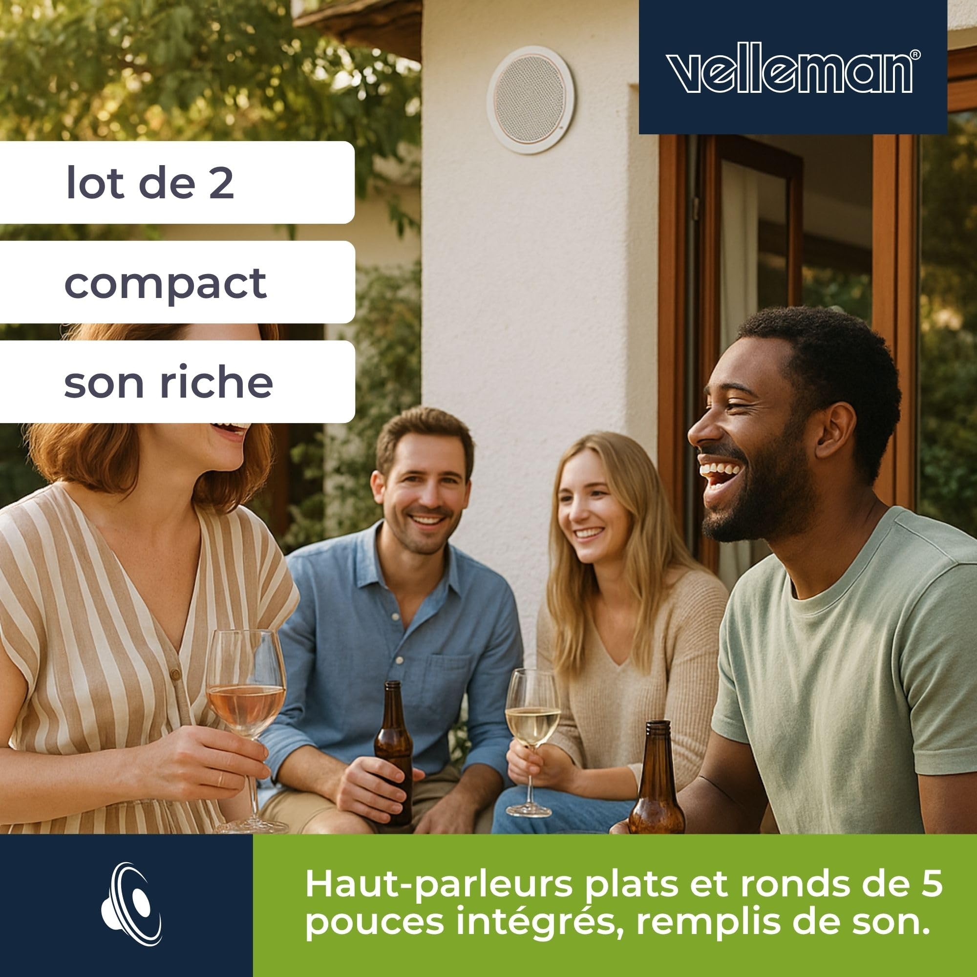 Velleman Enceinte encastrable 5", Haut-Parleur 80 Watt, 2 pcs, Enceintes murales/Plafond extérieur pour Maison, Salle de Bain, Cuisine, Bureau, Profondeur 35 mm, Rond, 152 x 51 mm, Blanc