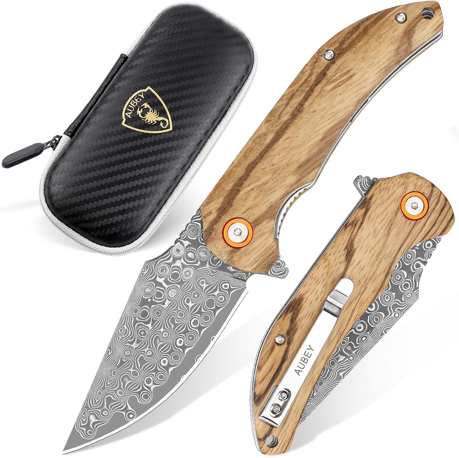 AUBEY Damascus Pocket Knife, Folding Knife with 3.35" Blade, Wooden Handle, Clip, EDC Knife for Outdoor, Hiking, Hunting, Gift/Collection for Men Women