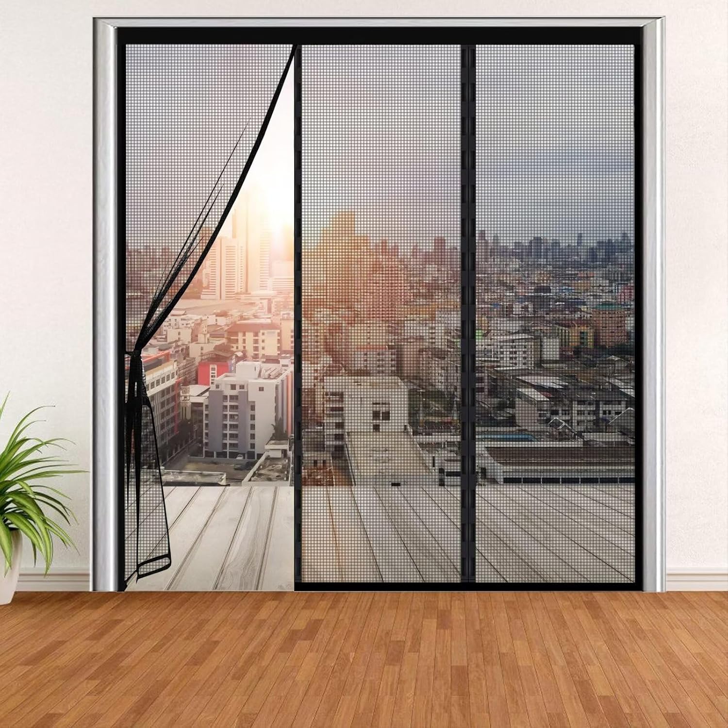 Balcony Screen Doors with Magnets 125x265cm Heavy Duty Mesh Curtain Magnetic Door Screen with Full Frame Hook Loop, Quiet & Let Fresh Air in Black