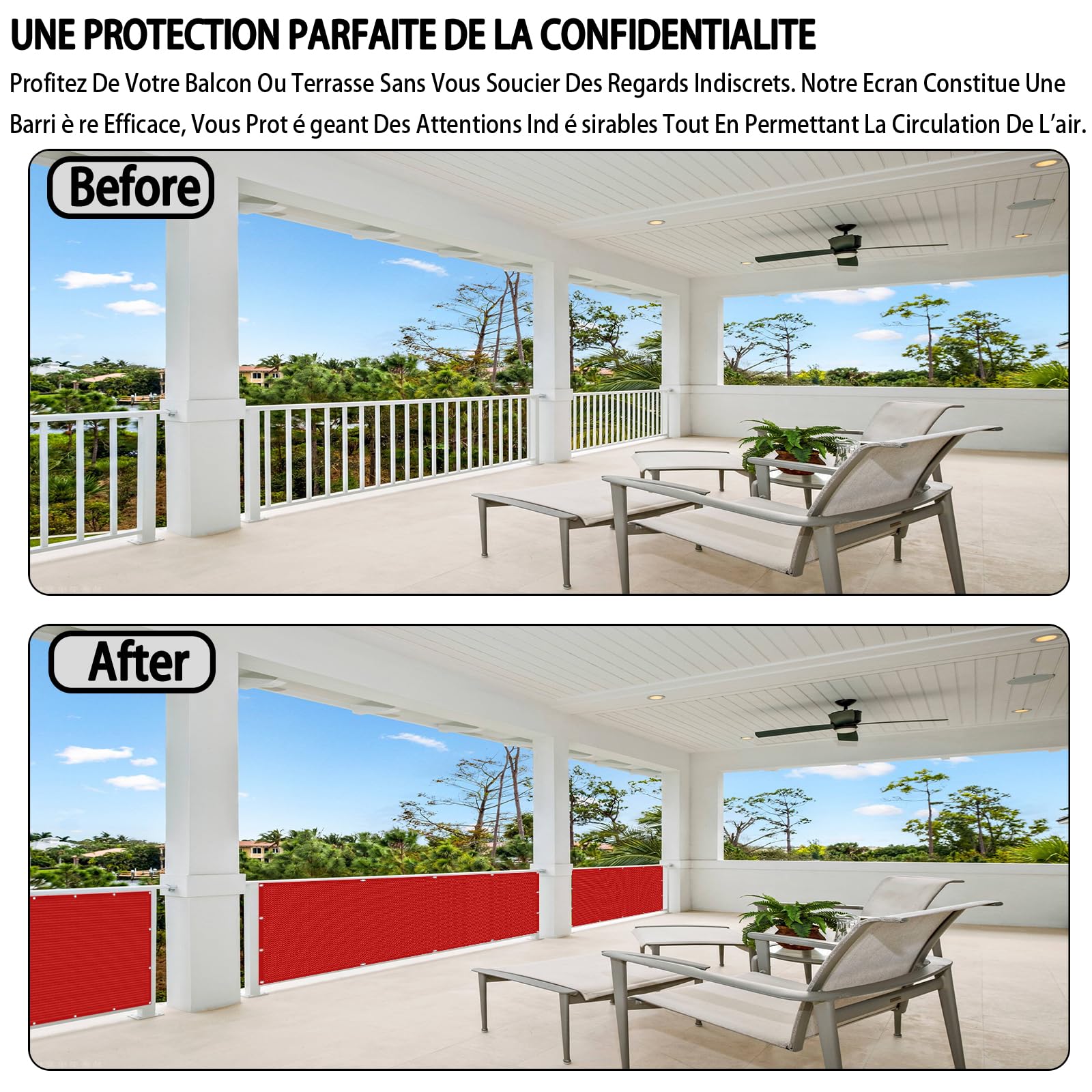 Recinzione Copertura 130 x 360 cm Tessuto HDPE da 220 G/M², Leggera e Durevole, Balcone Protezione Della Privacy Schermo con Fascette e Funi per Balcone Giardino Terrazza, Rosso