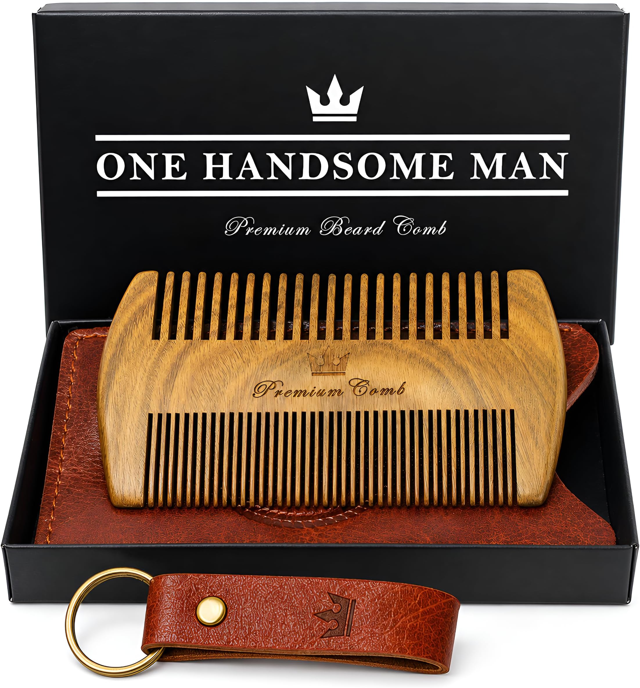 Beard Comb Kit by One Handsome Man - Sandalwood Beard Comb with PU Leather Case and Gift Box - Perfect Gifts For Him or Boyfriend - Ideal Gift For Men