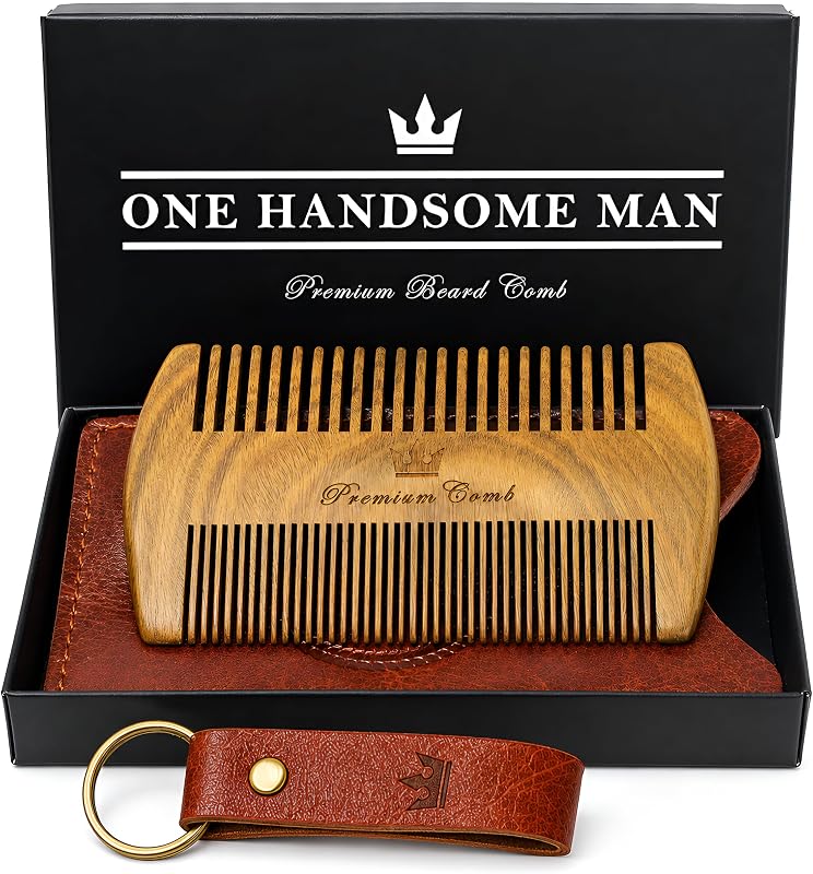 Beard Comb Kit by One Handsome Man - Sandalwood Beard Comb with PU Leather Case and Gift Box - Perfect Gifts For Him or Boyfriend - Ideal Gift For Men