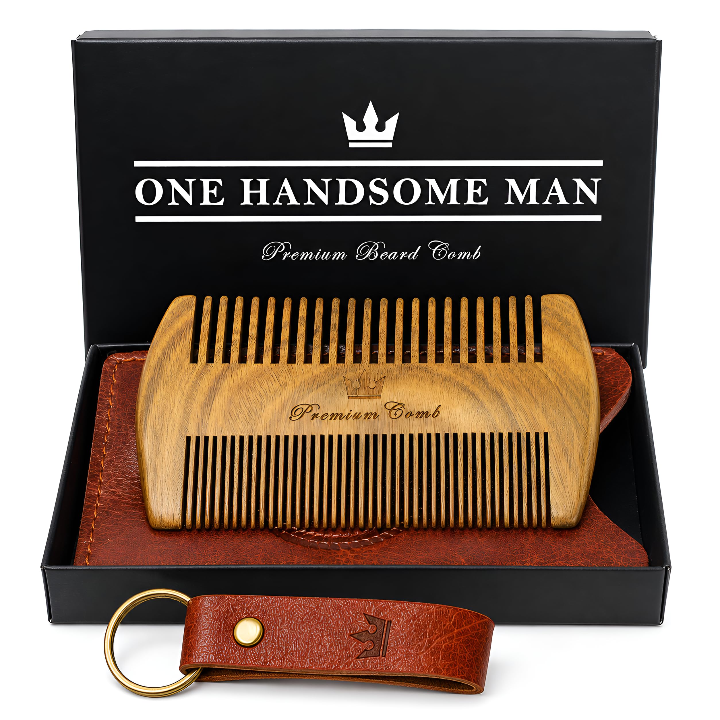 Beard Comb Kit by One Handsome Man - Sandalwood Beard Comb with PU Leather Case and Gift Box - Perfect Gifts For Him or Boyfriend - Ideal Gift For Men