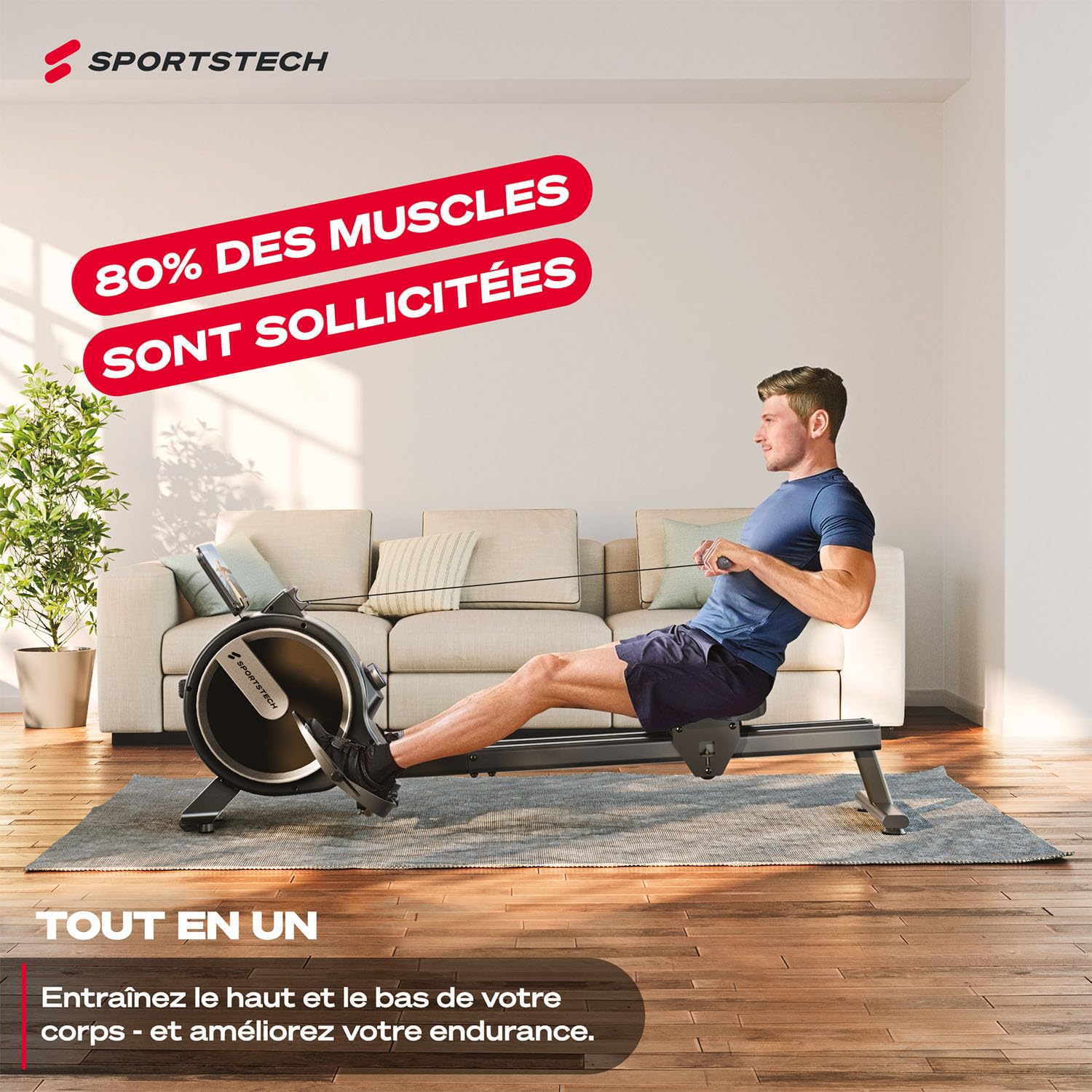 Sportstech PROwer Rameur d’Appartement – 32 Niveaux, Résistance Magnétique, Écran LED, Silencieux, Rail Double, Bluetooth, Support Tablette, Rangement Vertical, Entraînement Complet