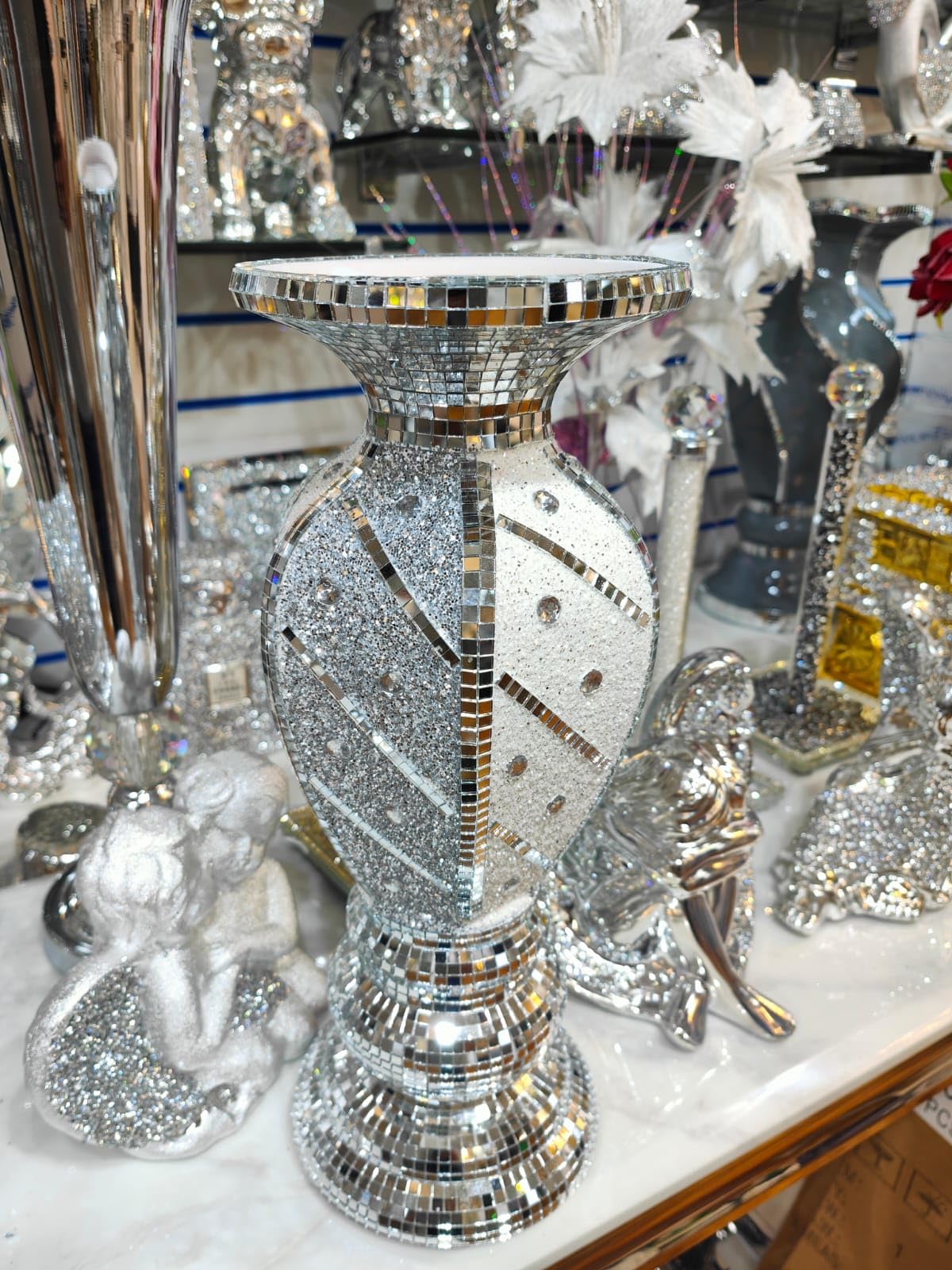 Biznest Silver Or White 40Cm Silver & White Vase Statue Sparkle Ornament Crushed Diamond Gift Mirrored Line Flower Pot