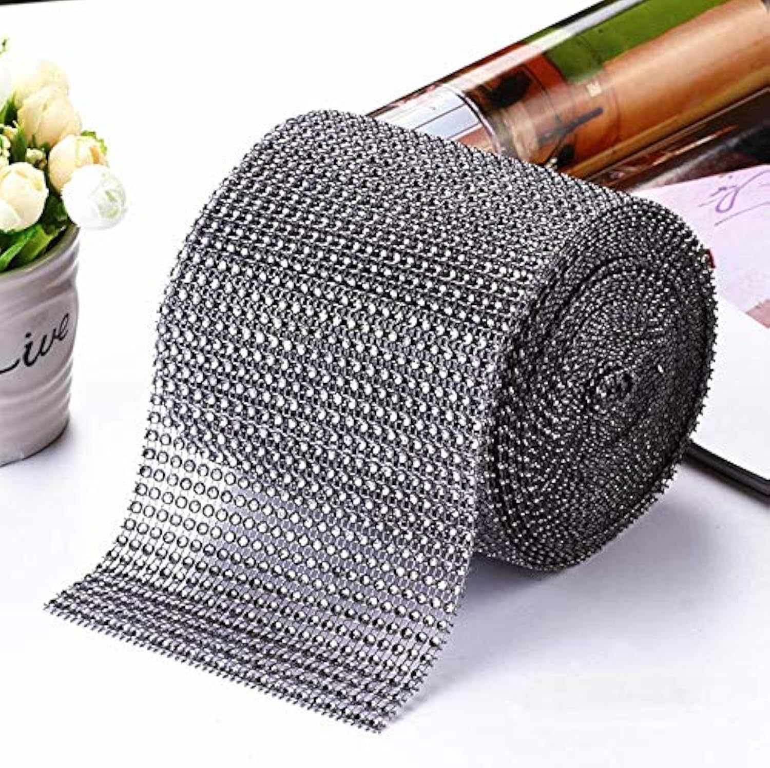 Diamond Rhinestone Mesh Ribbon Supreme Quality Sparkling Bling Wrap Ribbon Bulk DIY Roll for Arts Crafts Party Decorations, 24 Rows, 1 Roll (Grey, 4.75in x 10yards)