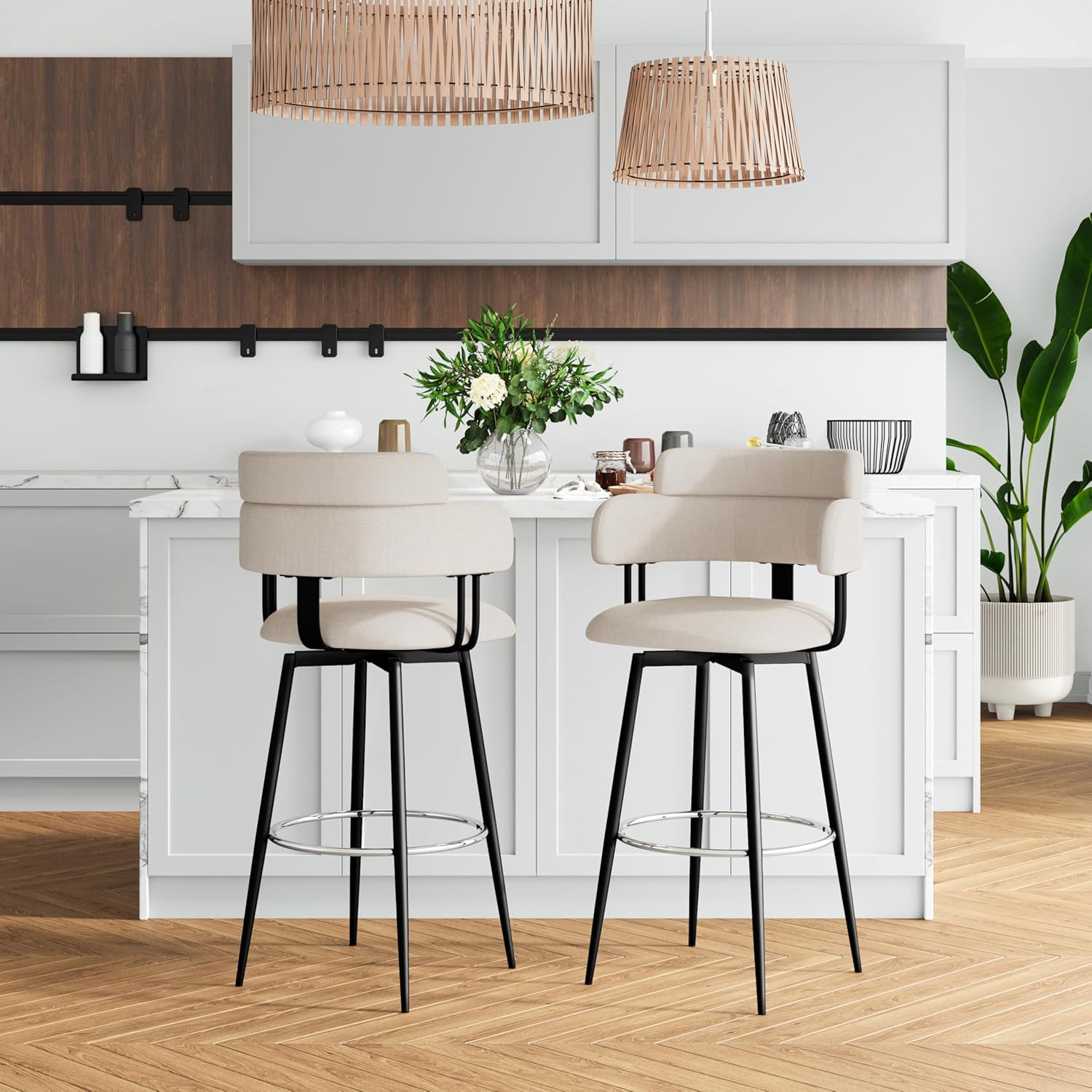 Swivel Bar Stools Set of 2 – Counter Height Bar Stools with Linen Upholstery, Ergonomic Backrest, and Chrome Metal Feet for Kitchen Island (Beige, 30" Barstools)