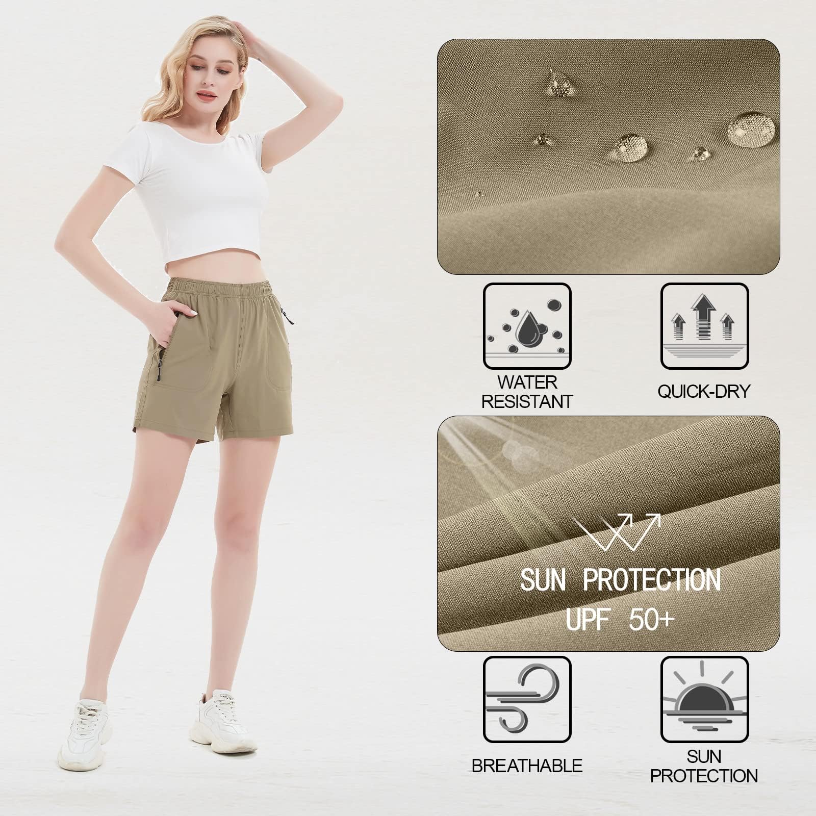 Short Cargo de randonnée pour Femme de 12,7 cm, 17,8 cm, à séchage Rapide, léger, athlétique, pour entraînement avec Poches à Fermeture éclair
