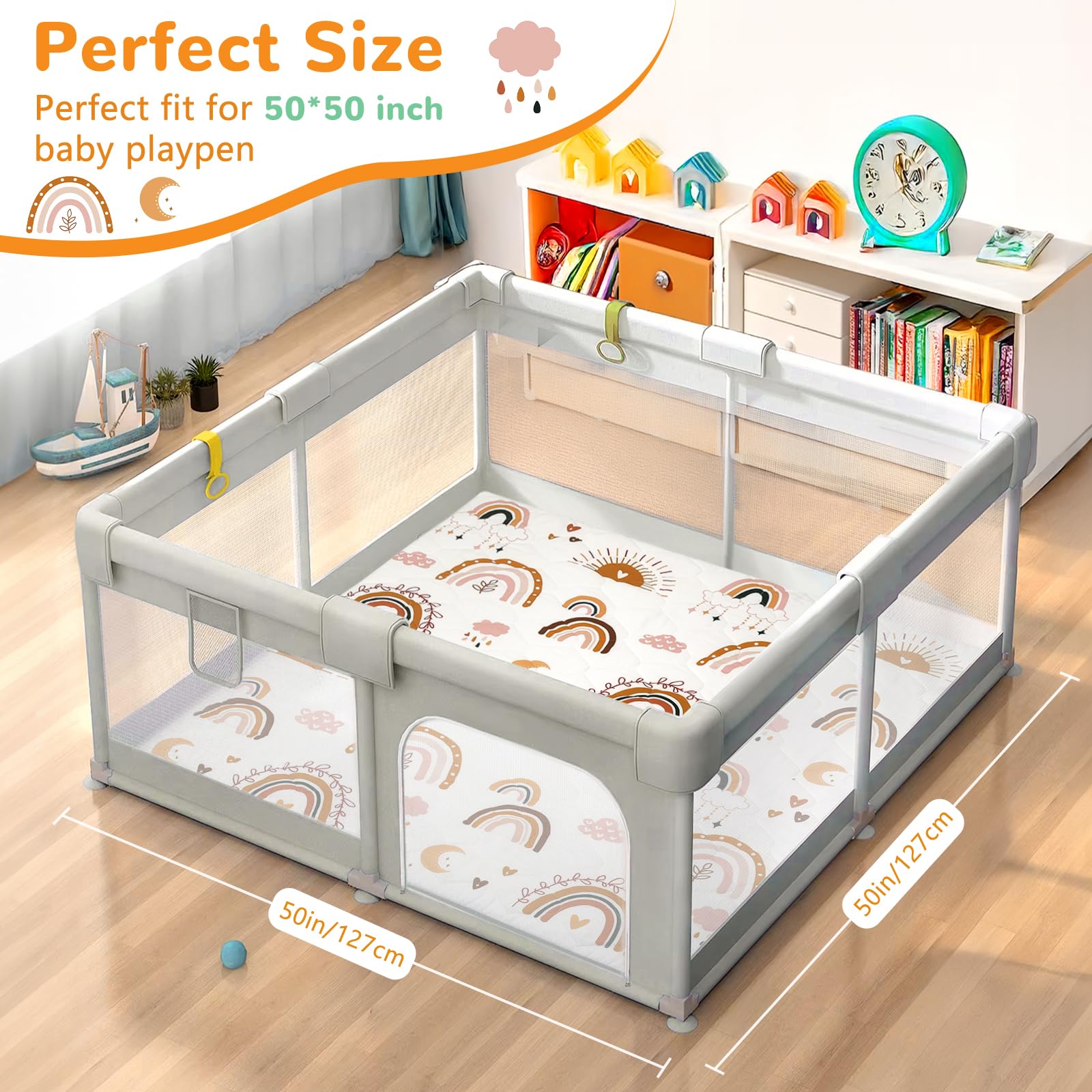 Tapis de Jeux Bebe Amovible Pliable, Épaissi 2cm Tapis d'eveil Bebe 127×127cm, Lavable en Machine, Antidérapant Tapis sol Bebe Tapis Chambre Enfant Adapté à Intérieur/Extérieur/Clôture (Arc-en-ciel)