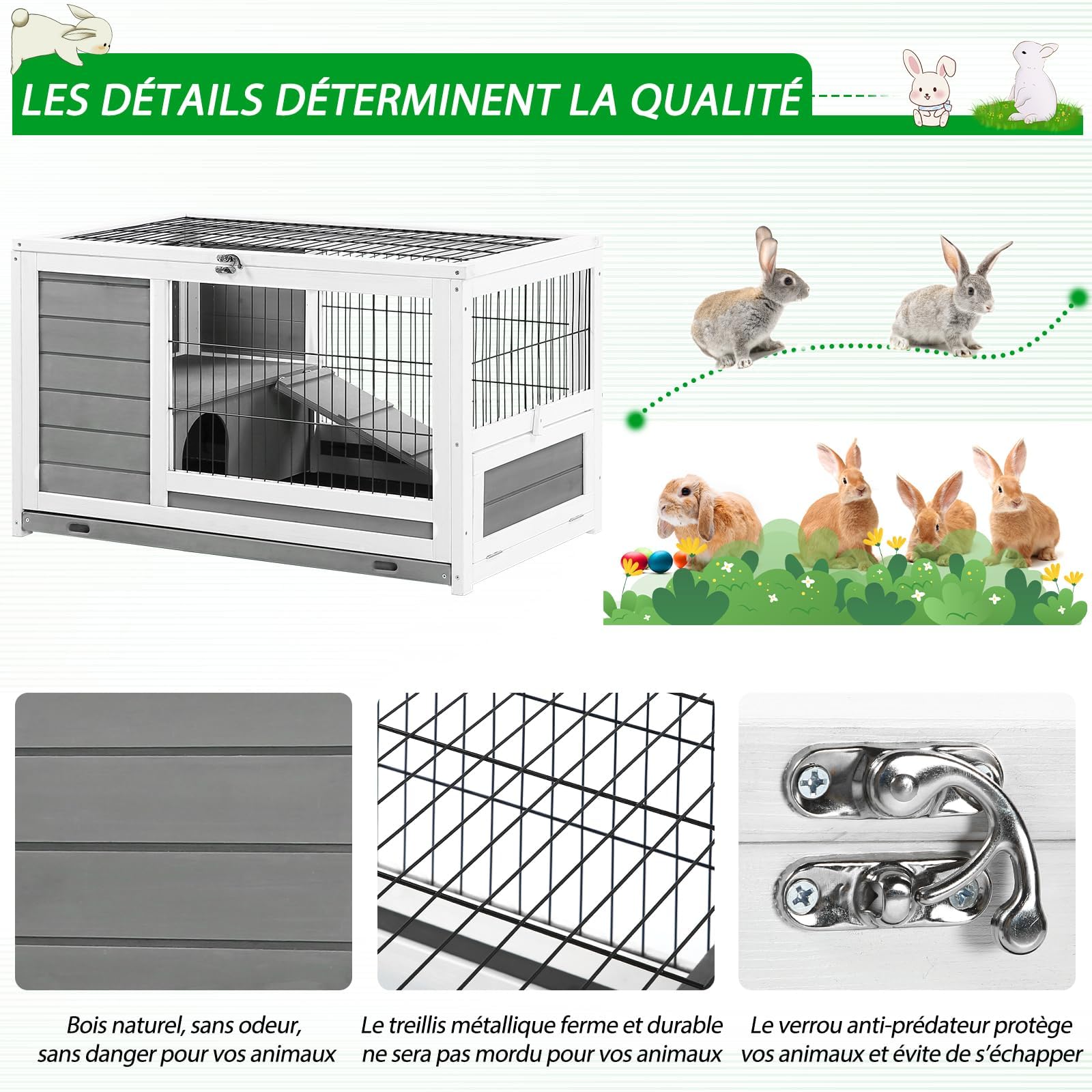 YODOLLA Cage Lapin Exterieur&Intérieur,Clapier Lapin avec Toit ouvrant,Gris | Cage en Bois,Clapier en Bois,90x50x55cm,Clapier à Lapin,Plateau Amovible et Rampe