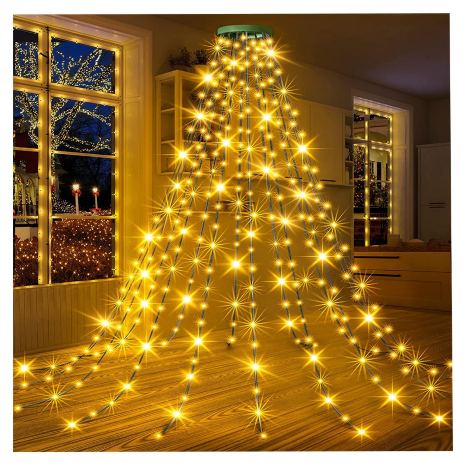 Christmas Tree Lights Indoor,200/280/300/400 LEDs Xmas Lights with Top Ring, 8 Modes & Remote Control,Waterproof String Lights for Party Decorations,USB Plug (Warm White, 3M/300LEDs)