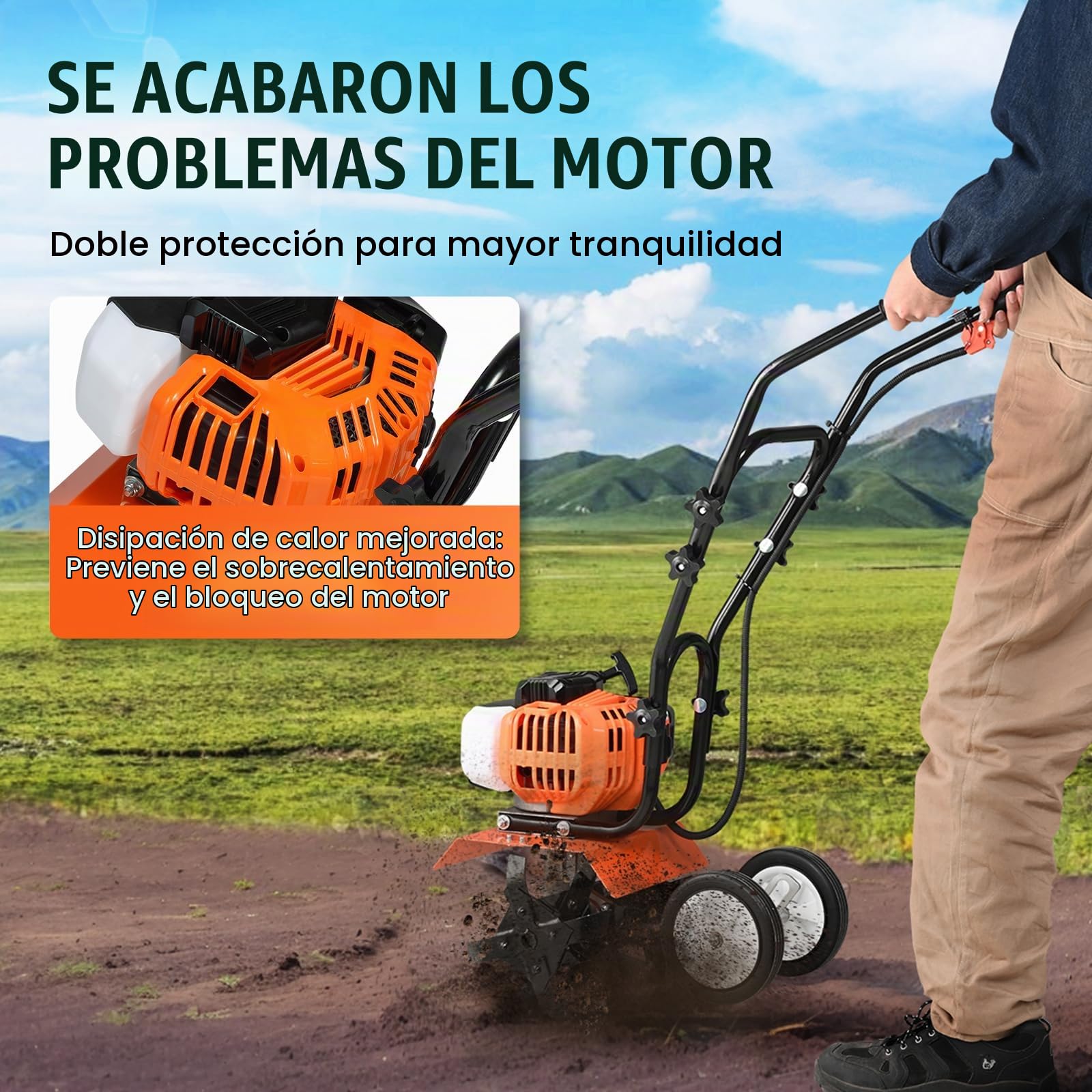 VEVOR Motocultor Térmico con Motor de Gasolina de 43 CC de 2 Tiempos con 4 Púas Delanteras Ajustables de Acero Ruedas Grandes Fácil Instalación Cultivador de Tierra para Huerta, Jardinera, Campos