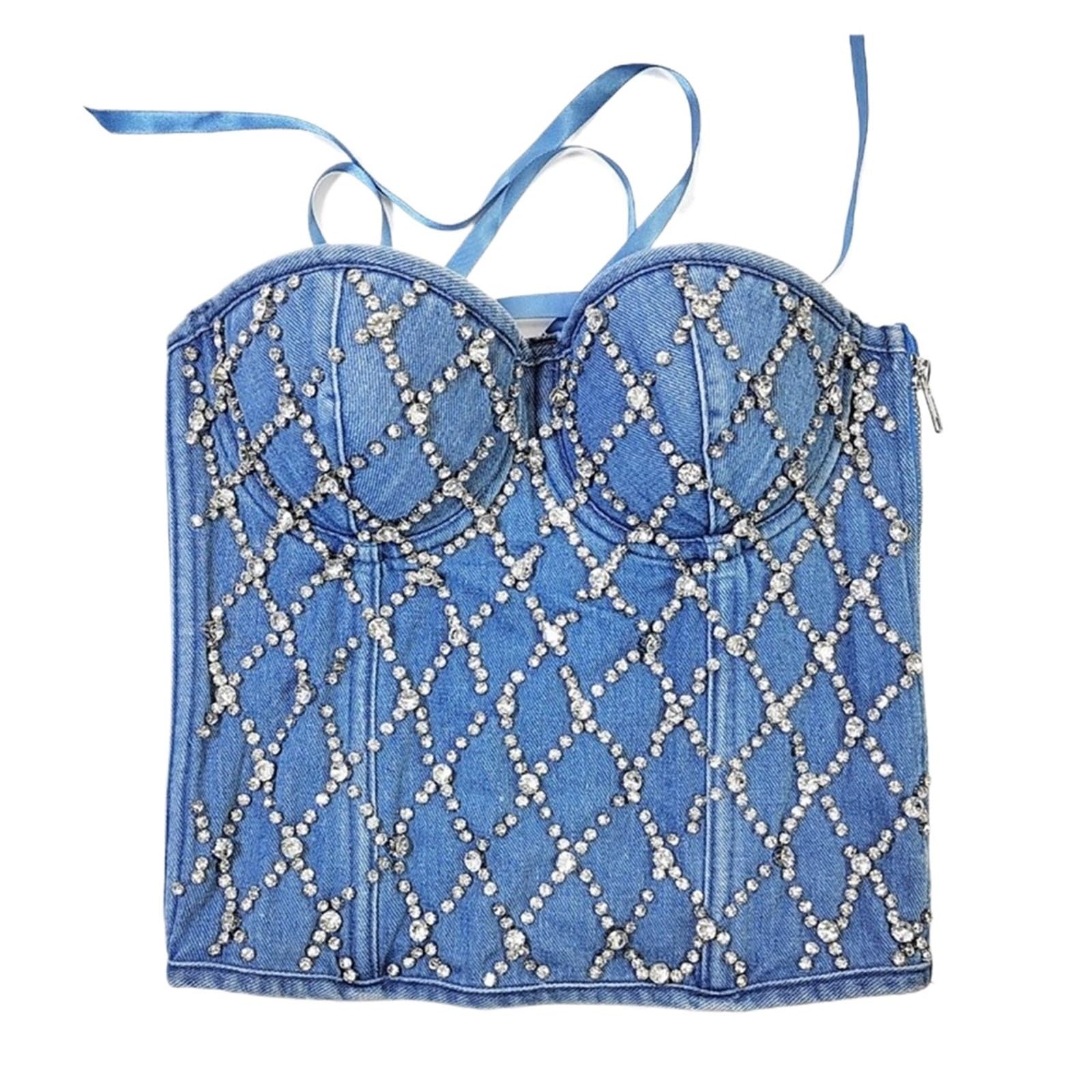 Corsetto da donna con paillettes e diamanti, in denim, sexy, for ragazze, bustier, for feste in discoteca, top corto, push-up