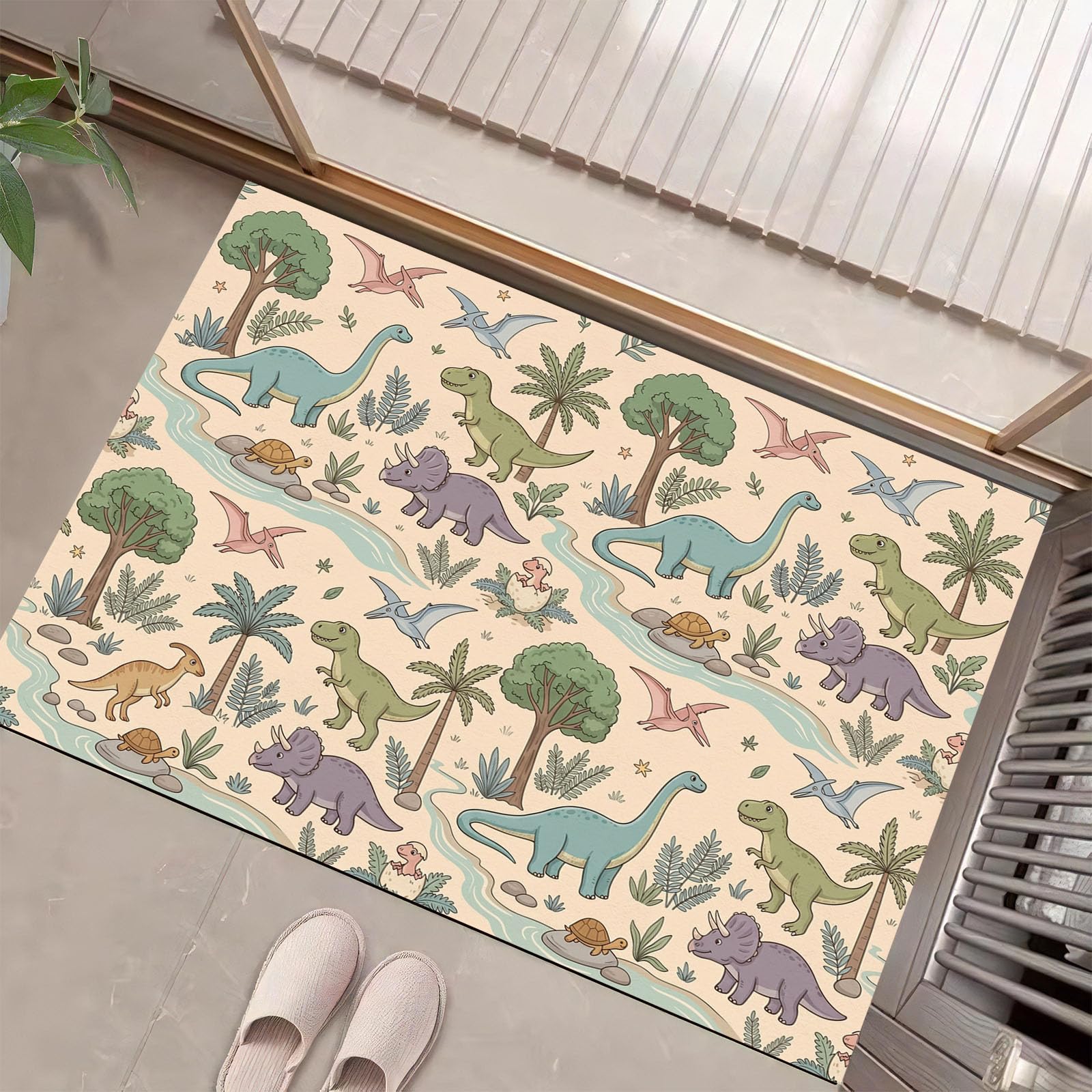 Felpudo Entrada Casa 80x120cm Alfombra Atrapapolvo Dinosaurios Del Bosque, Alfombrilla Pasillo Antideslizante Dibujos Animados Estilo Retro Tapete Absorbentes Lavable para una Entrada Limpia, Rosa