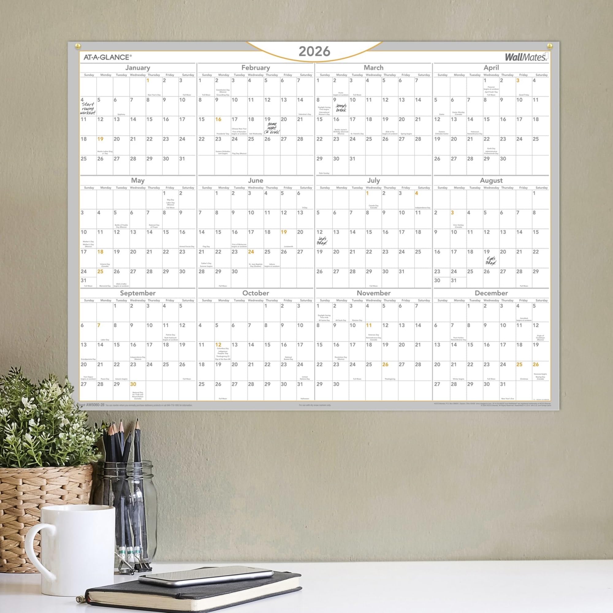 AT-A-GLANCE® WallMates 2026 Calendario annuale autoadesivo cancellabile a secco, grande, 61 x 45,7 cm