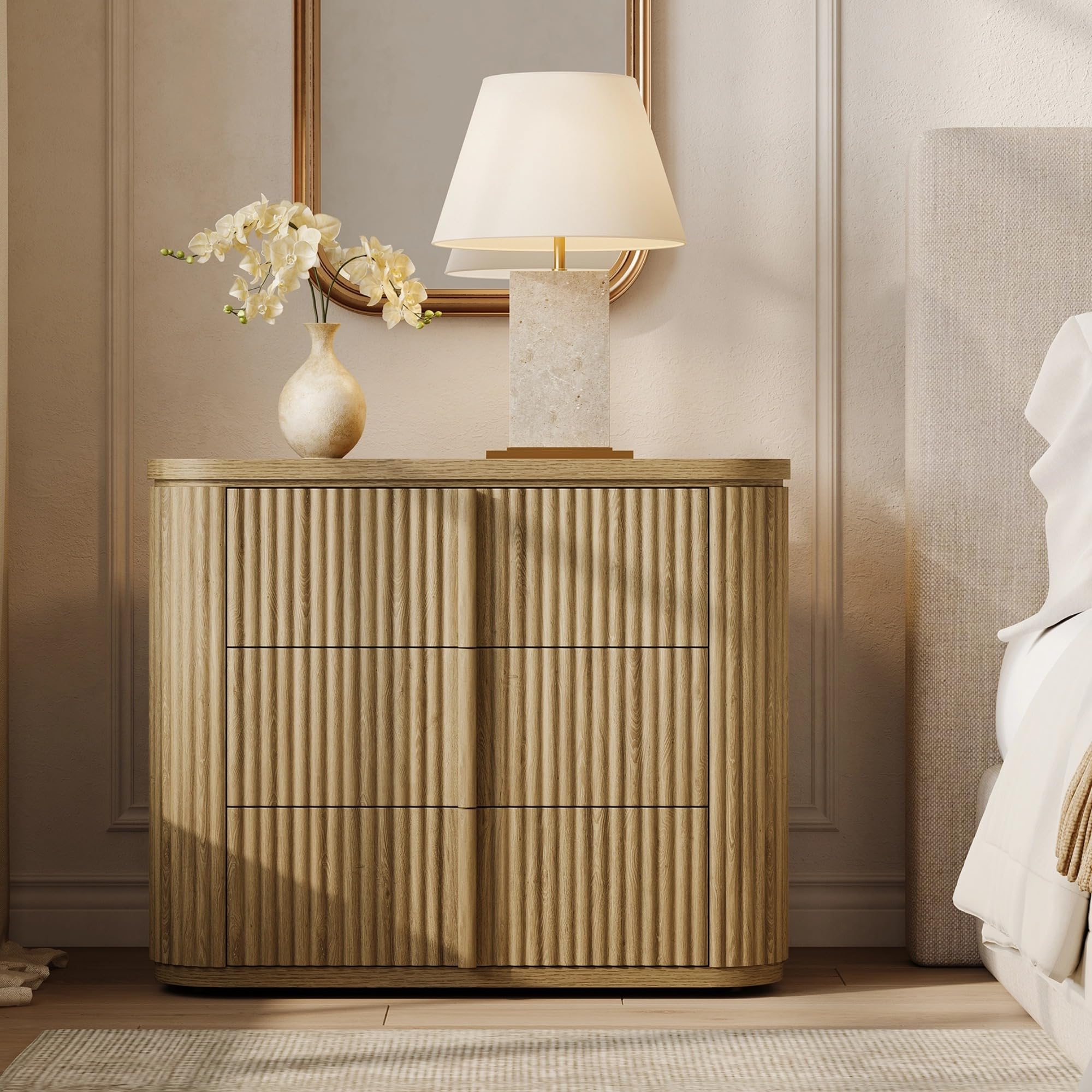 Fluted Night Stand with 3 Storage Drawers, Oversized Extra Large Nightstand Bedside Table with Solid Wood Handle, Modern Night Stands End Table for Bedroom Sofa Couch Office