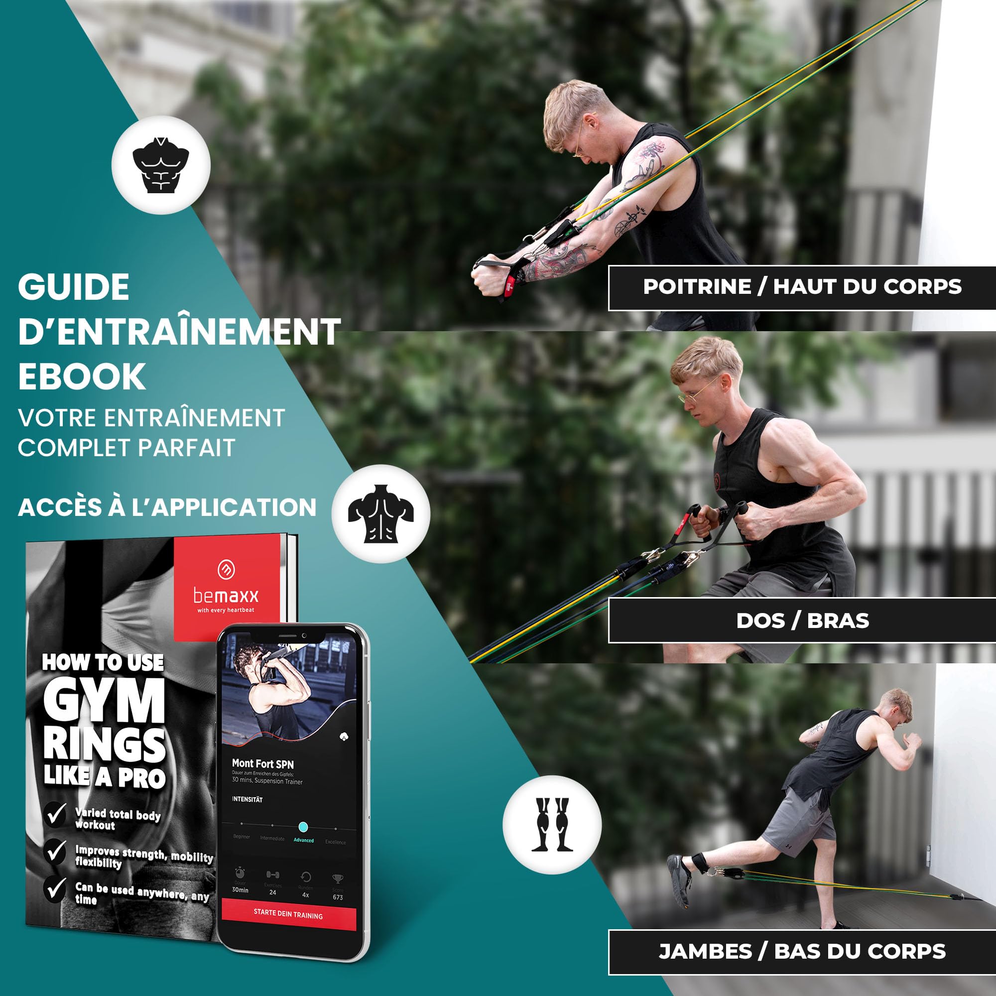 Kit Élastique Musculation Fitness + Guide Exercices, 5X Bandes de Résistance Tubes Professionnels + Poignées, Ancre de Porte, Sangles Pied | Entraînement Tractions Bras Jambes Haltere, Femme Homme