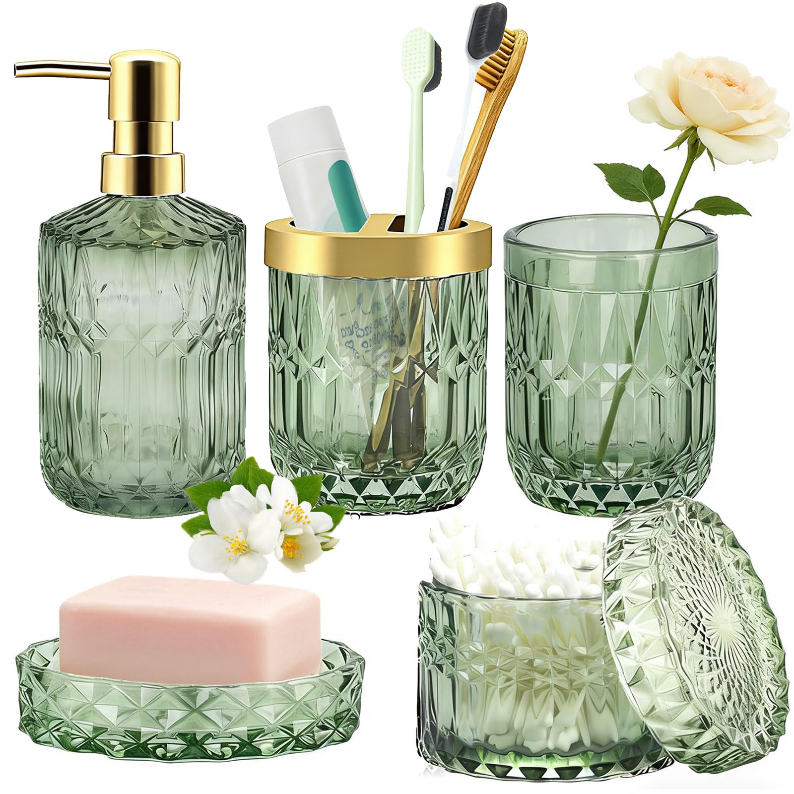 Juego de baño Verde, Juego de Accesorios de baño de Lujo, dispensador de Jabón de Vidrio, Soporte para Cepillo de Dientes, Soporte para Jabonera, Vaso para Tarros de Hisopos de Algodón,Regalo Vintage