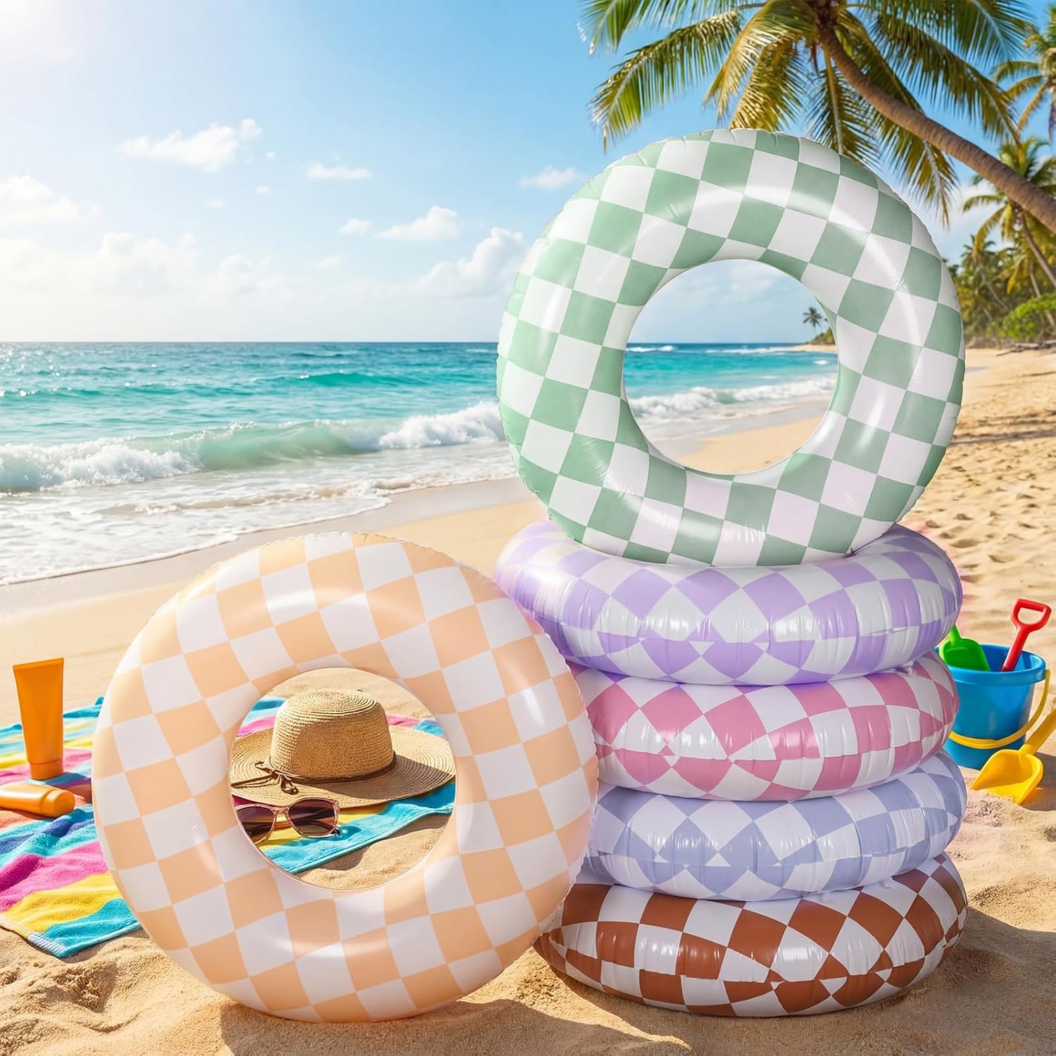 6 Pcs Inflatable Tube Pool Floats 6 Colors Morandi Checkered Swim Rings Swimming Pool Tubes for Summer Beach Bachelorette Party, 30 x 14 Inch