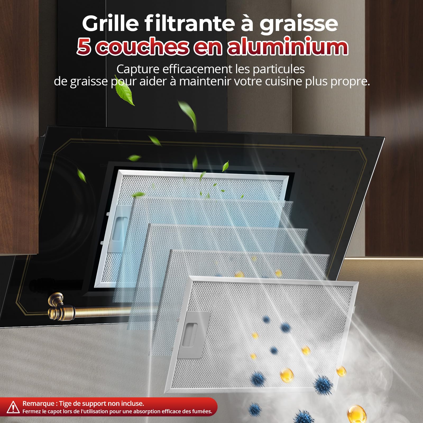SNDOAS Hotte Aspirante 60 cm, A+++ Hotte Cuisine Silencieuse Inclinée, 450 m³/h, 3 Vitesses + Boost, Évacuation/Recyclage, Filtres à Charbon Inclus, Commandes Tactiles & Gestuelles, Noir/Or