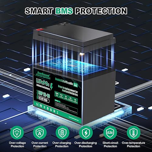 Miniatura 4 de EverExceed Batería LiFePO4 de 12 V 10 Ah integrada 10 A BMS, 3000 ciclos profundos de 12 V batería de litio para buscador de peces, cortacésped,