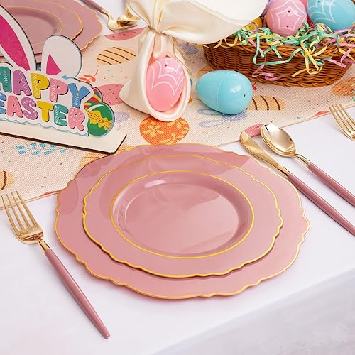 Miniatura 9 de Nervure 100 platos de plástico rosa malva con borde dorado y 240 vasos de plástico dorados