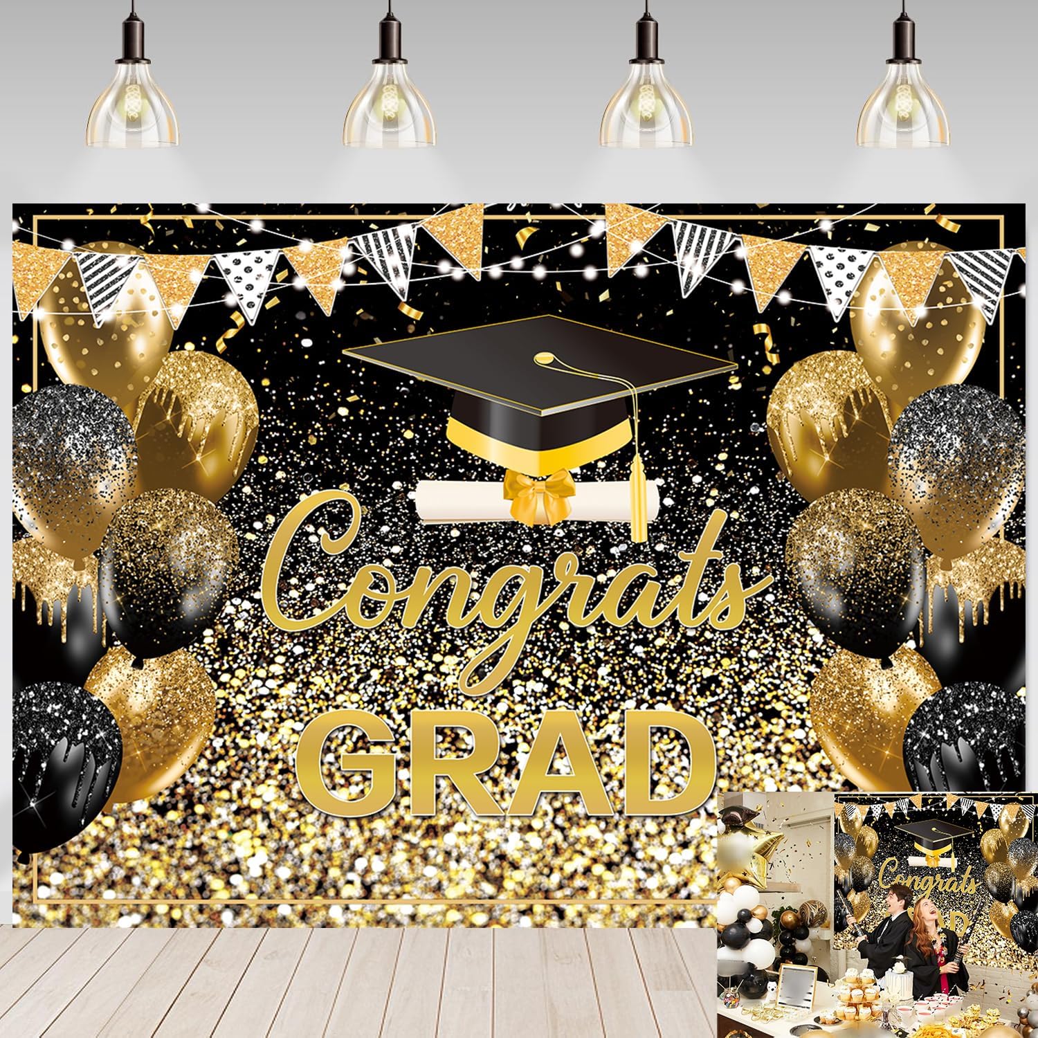 2026 Graduation Backdrop Black Gold Congrats Grad Bachelor Cap Balloon Prom Send Off Photography Background School Celebration Class of 2026 Party Decor Banner Photo Props (Black Gold, 10x8FT)