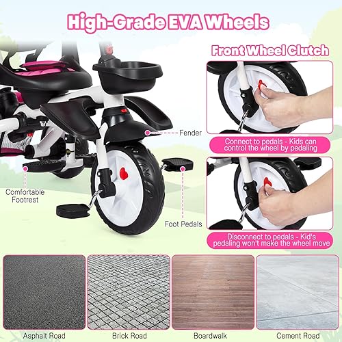 Miniatura 5 de Triciclo para bebé, bicicleta plegable 7 en 1 con mango de empuje ajustable extraíble, toldo, asiento giratorio, arnés de seguridad, portavasos y