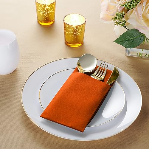 Miniatura 2 de Servilletas desechables de lino con bolsillo integrado para cubiertos, paquete de 50 servilletas de papel preplegadas de color naranja para cenas,