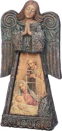 Joseph's Studio by Roman - Figura de ángel con Sagrada Familia, The Tile Art Collection, 9.5" H, resina, piedra y cemento, exhibición de mesa o