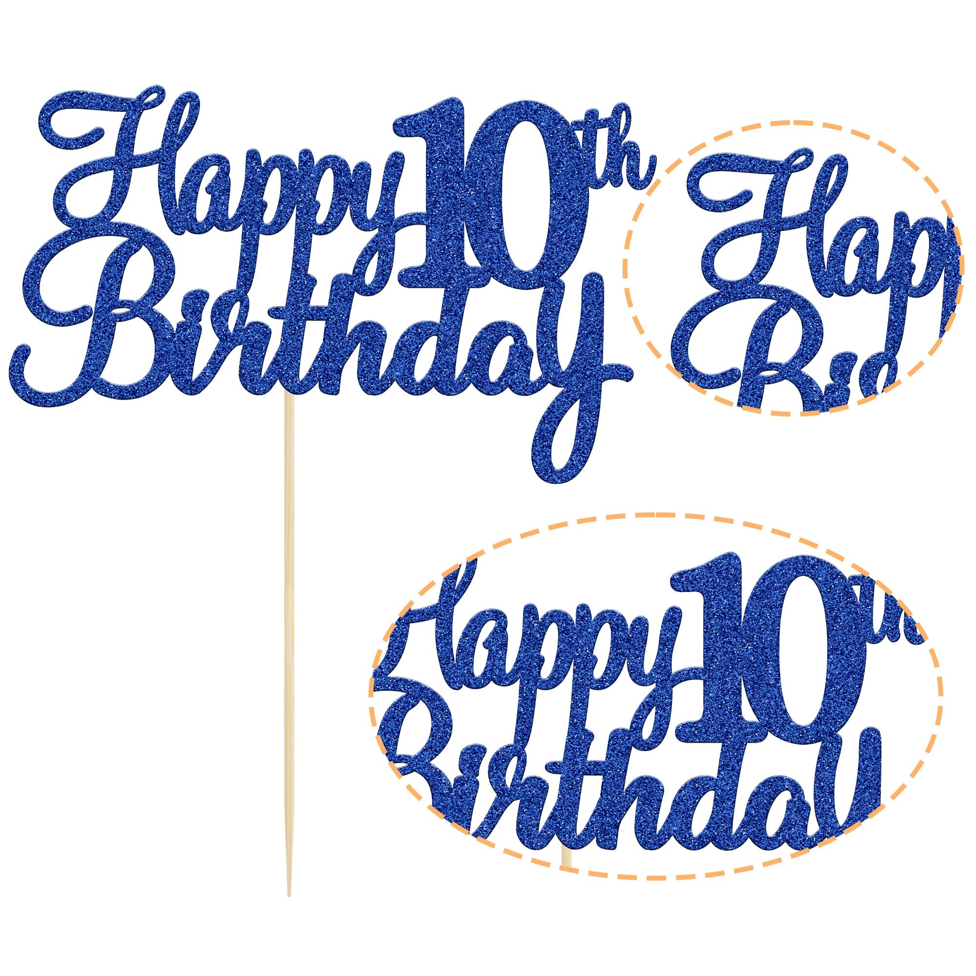 Gyufise 1Pc Happy 10th Birthday Cake Topper Blue Glitter 10th Birthday Cake Pick Cheers to 10 Years Old Ten Fabulous Cake Decorations for 10th Birthday Theme Party Supplies 1