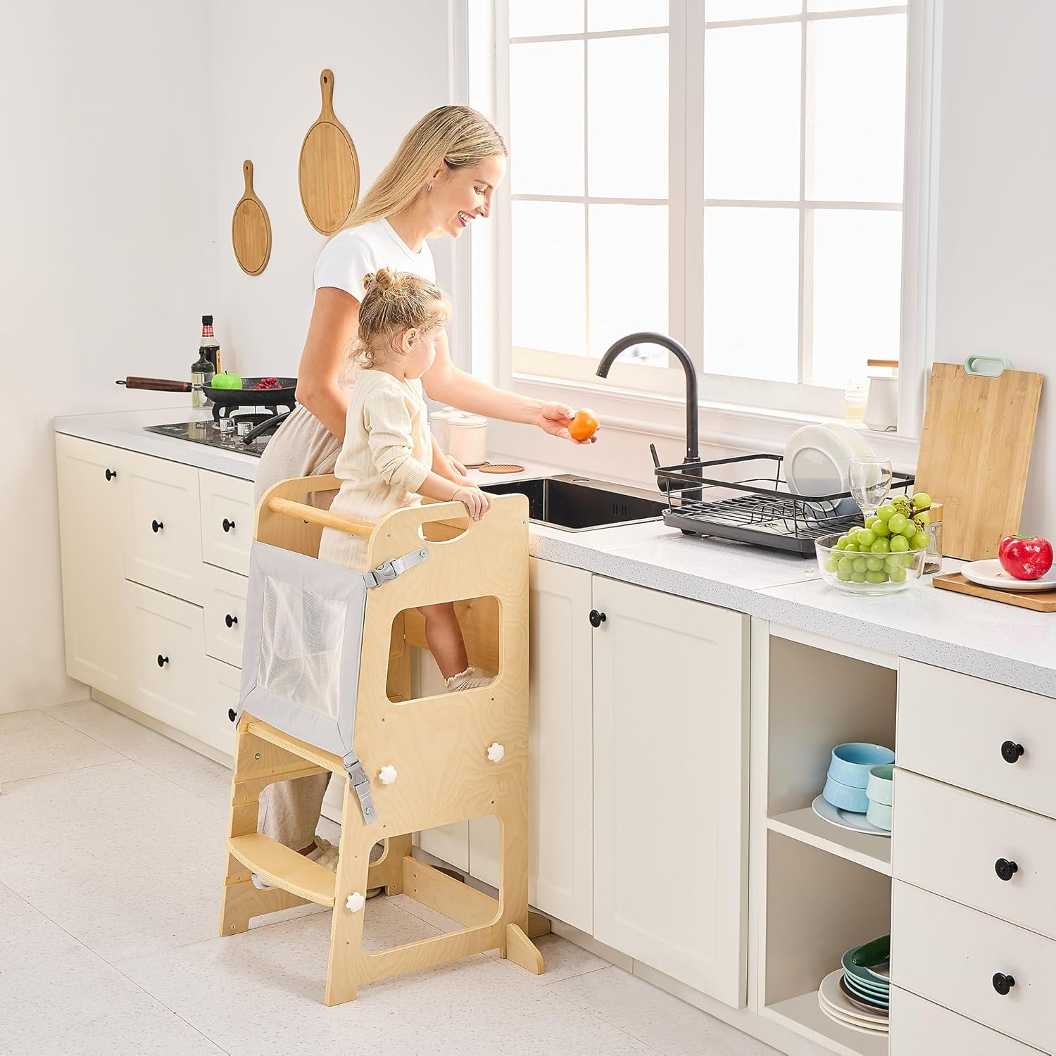 Kitchen Tower for Toddlers 1-3, Adjustable Height Wooden Standing Tower with Removable Safety Net, Toddler Kitchen Stool Helper with Support Feet and Anti-Slip Mats