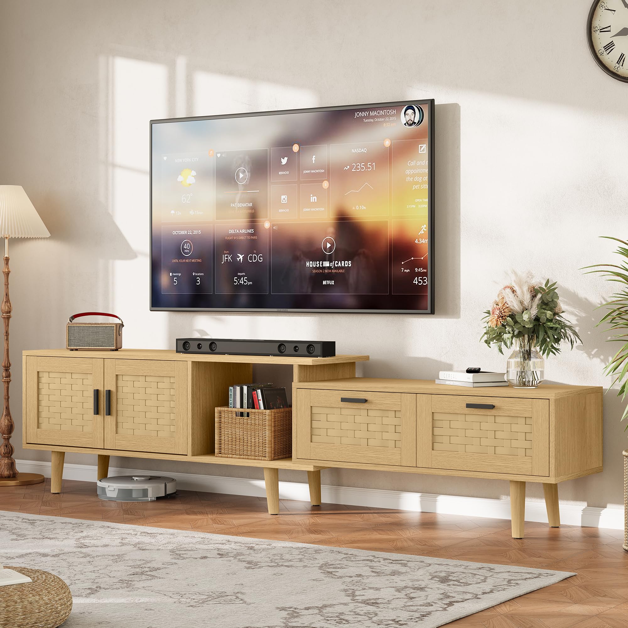 Mobile TV allungabile con 2 ante e 2 cassetti (146-180 cm), TV Lowboard, mobile TV, credenza TV, per soggiorno, camera da letto, TV fino a 75 pollici (rovere)