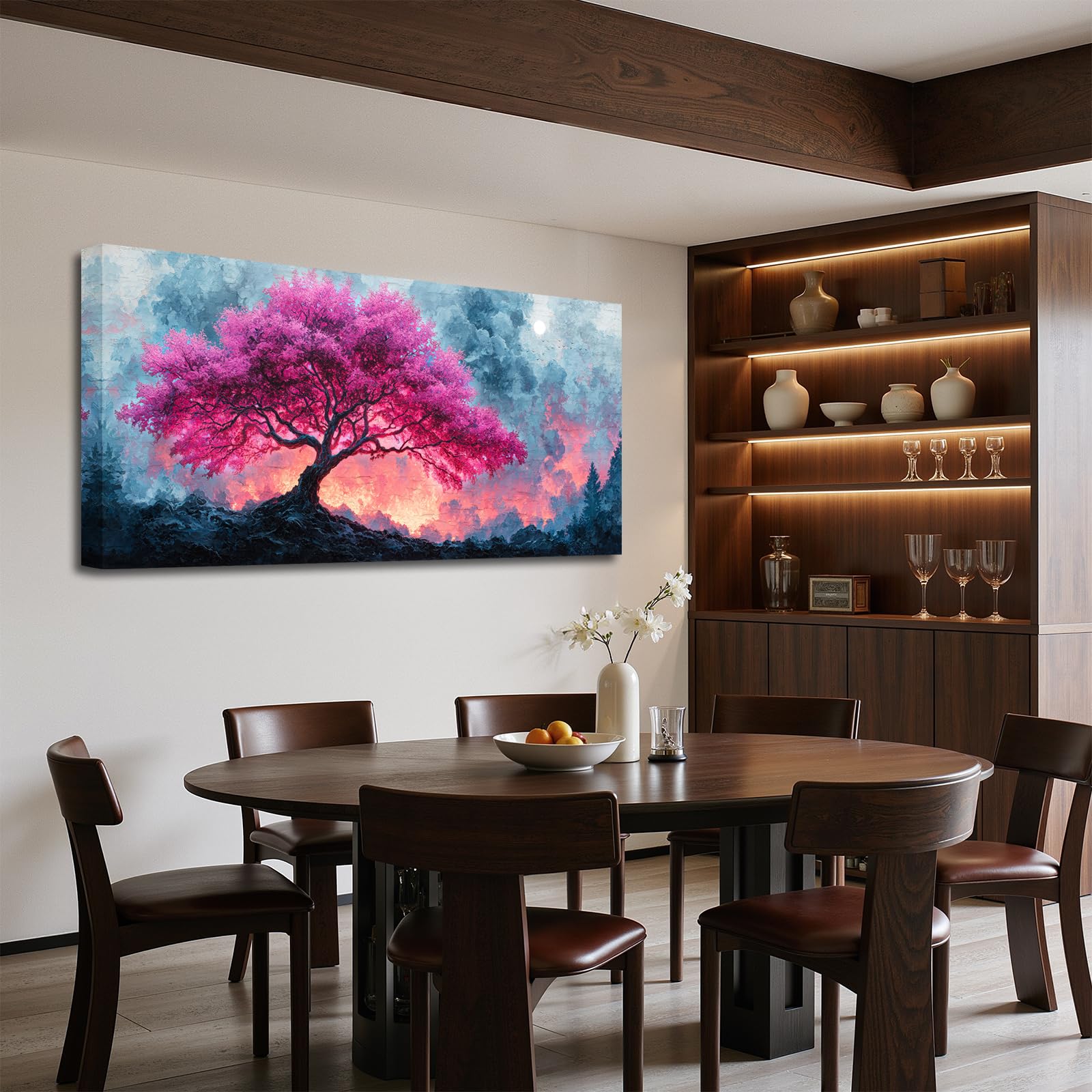 SERIMINO Quadro Moderno Albero Della Vita Vintage Piante 73x146 cm | Albero Rosa, Stampa HD, Tela Densa, Telaio Legno Massello, Install Facile, Usi Vari, Regalo