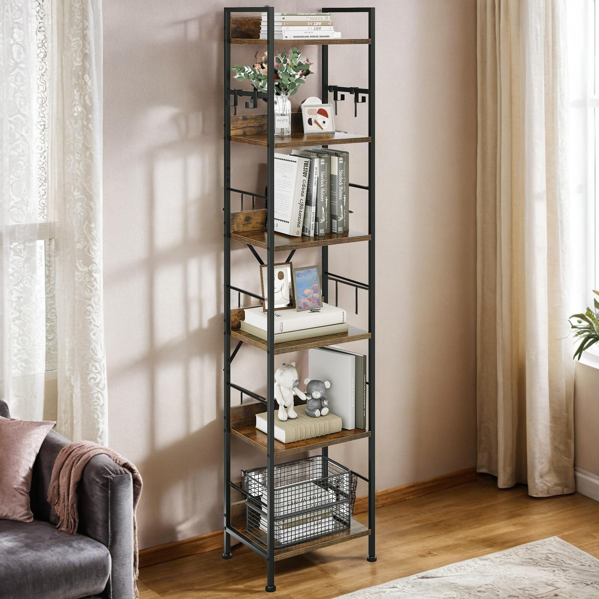 Libreria Industriale YITAHOME A 5 Ripiani - Scaffale In Legno E Metallo, 160cm, Con Ganci, Per Soggiorno O Ufficio - Foto 7