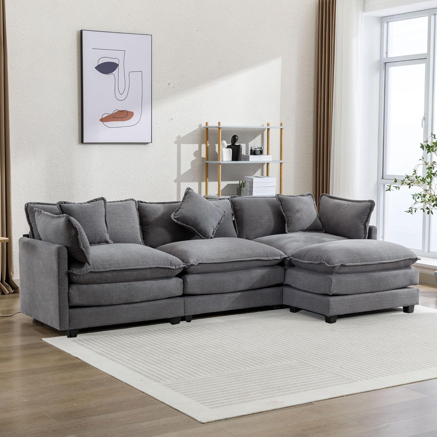 Ball & Cast 112" Modular Sectional Sofa, L Shaped 3-Seater Comfy Cloud Couch with Removable Ottoman and 5 Pillows for Living Room, DIY Combination, Gray Grey — 1 box 4 of 4 only